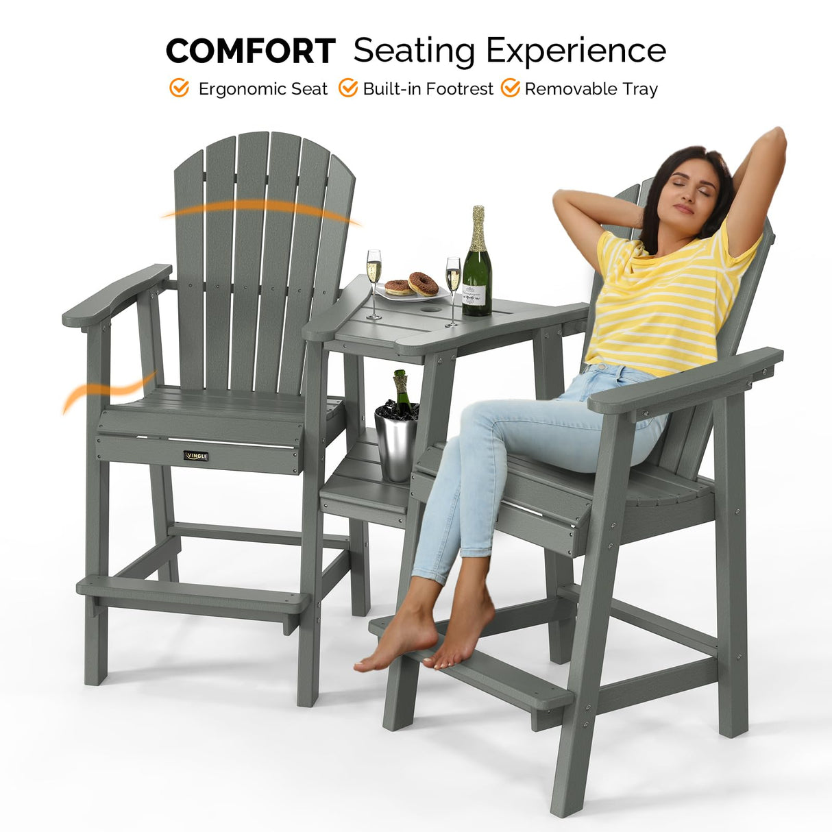 VINGLI Tall Adirondack Chairs Set of 2 with Removable Double Connecting Trays, HDPE Adirondack Bar Stools Poly Deck Chairs, 350LBS Capacity (Grey) VINGLI