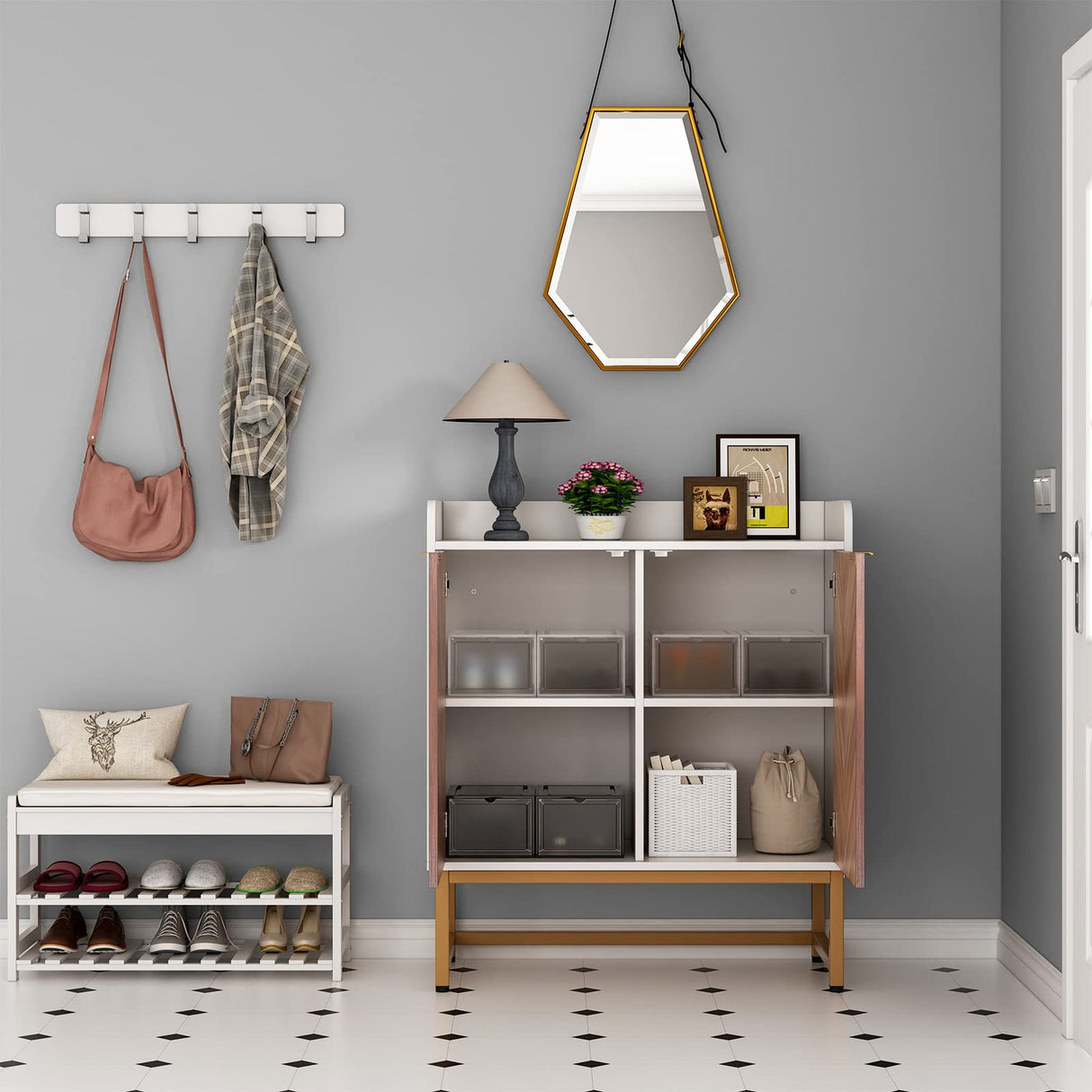 Saudism 29 Gallon Fish Tank Stand, Small Aquarium Stand 20 Gallon with Doors & Adjustable Shelves, Boho Sideboard Coffee Bar Cart, Kitchen Cupboard Console Table, 30.5" LĂ15.7" WĂ35" H, White/Gold Saudism