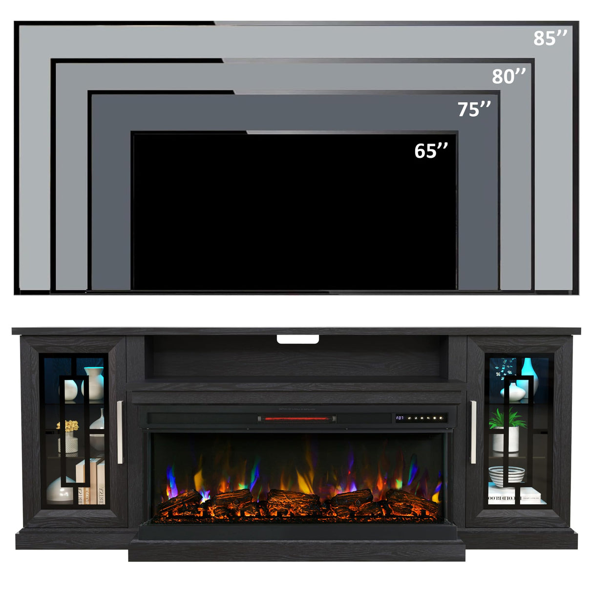 Unineo 75 Inch Electric Fireplace TV Stand, 3- Side Glass LED Modern Media Entertainment Center Console Table for TVs up to 80/85 Inch w/Adjustable Flame, 40’’ Fireplace, Highboy, Black Unineo