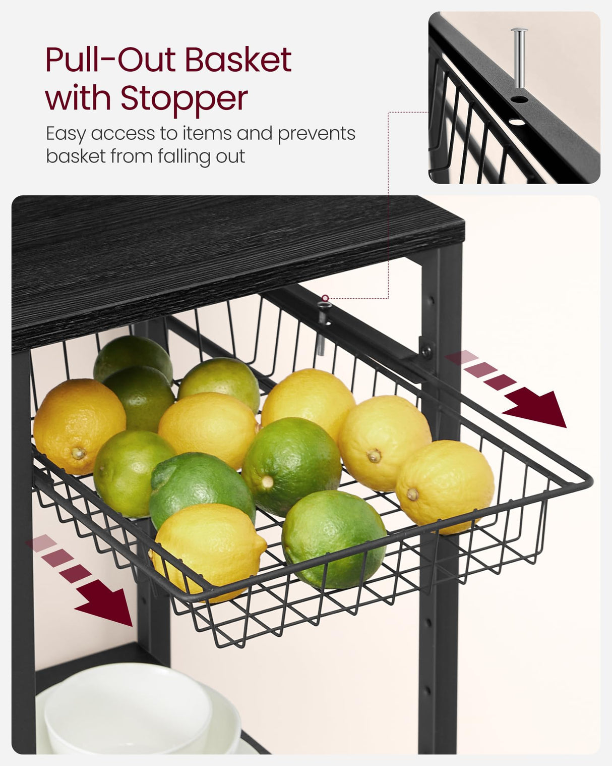 VASAGLE Baker's Rack, Coffee Bar Stand with Charging Station, Storage Shelves, Pull-Out Wire Basket, Table for Microwave, Kitchen, Charcoal Gray UKKS036B22, 15.7 x 35.4 x 35.6 Inches VASAGLE