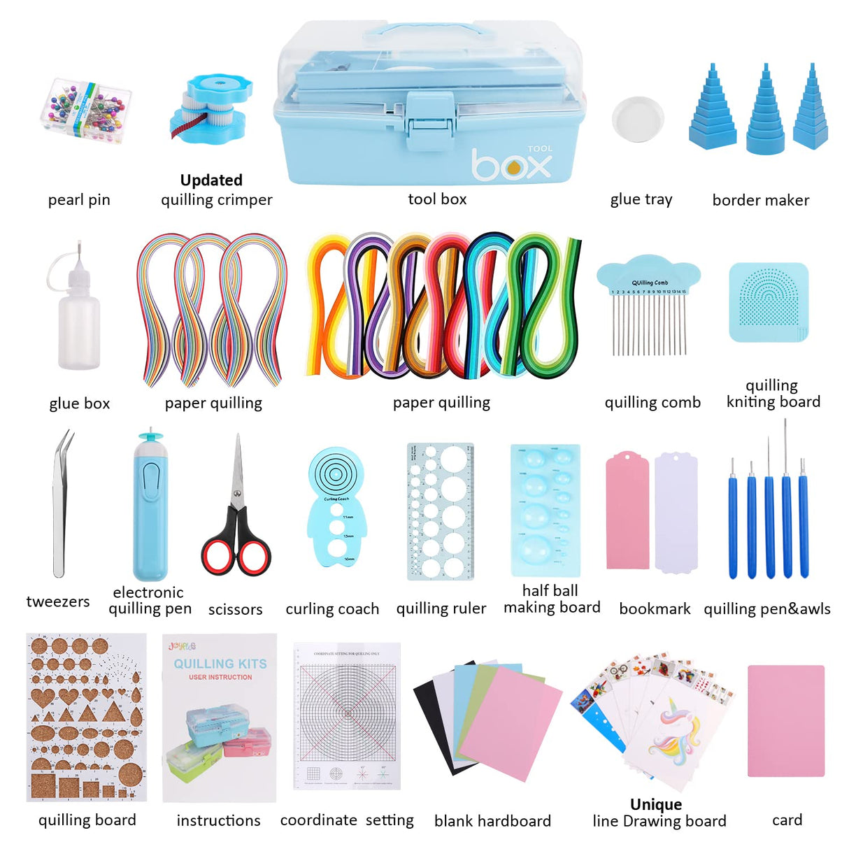 JoyPlus Quilling Kits for Beginners with Manual, 24 Tools & Supplies with Durable Storage Box, Updated Paper Crimper Tool, Premium Husking Board & Electronic Pen Blue JoyPlus