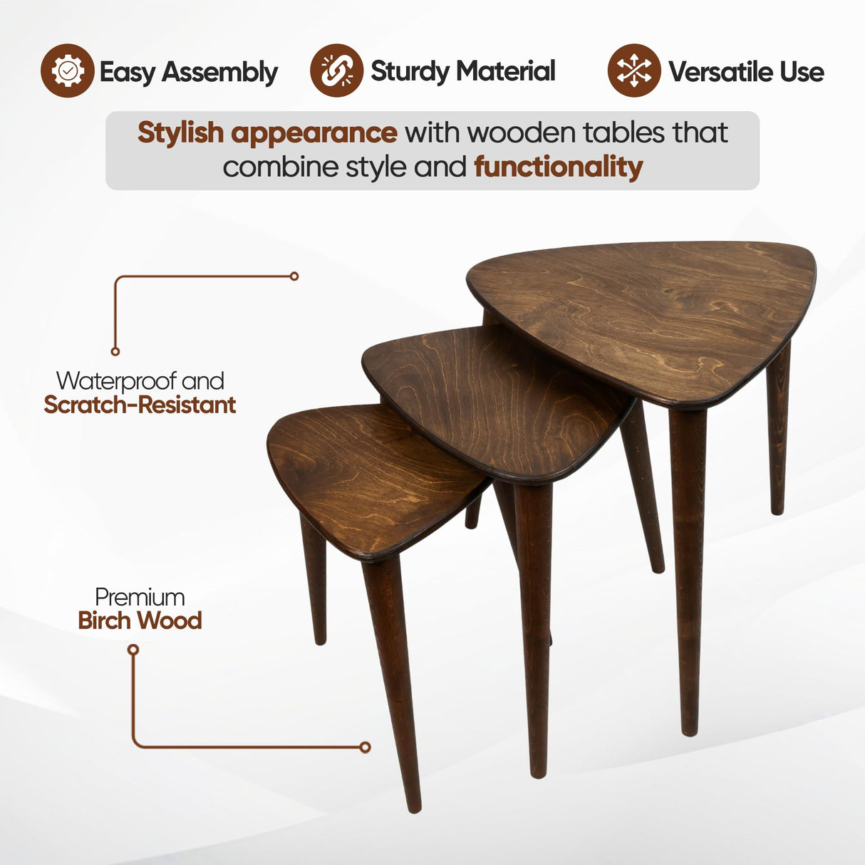 TRIHOME, Solid Nesting Table Set of 3, Birch Mid Century Pebble Tables with Wood Tapered Legs, Portable Modern Side Coffee Tables, Handmade Home Furniture, Farmhouse, Living Room, Triangle TRIHOME