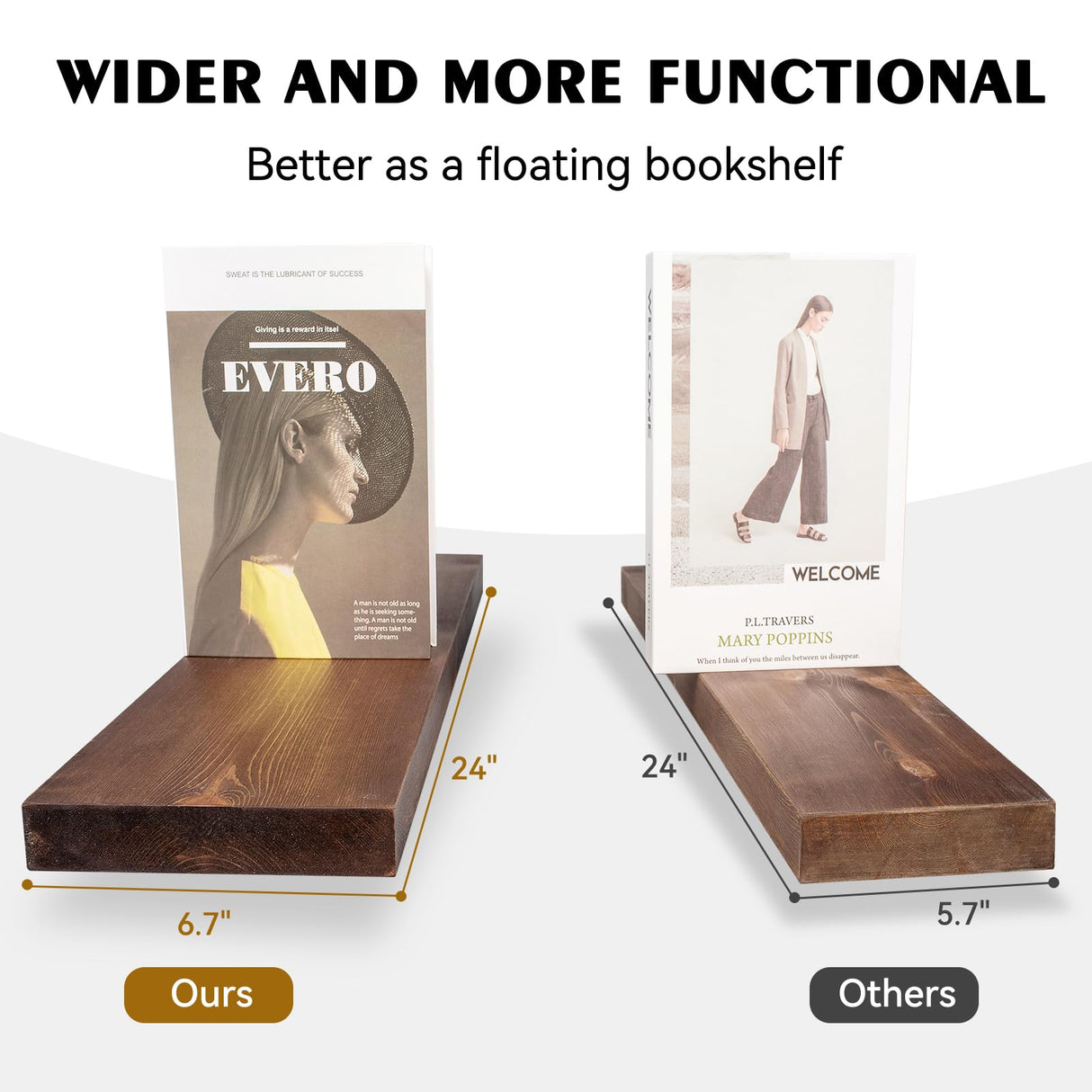 BGMG Wood Floating Shelves 24 inch, Wide Rustic Wooden Wall Shelves for Bathroom Living Room Bedroom Kitchen Farmhouse Set of 2-24x 6.7 x1.25 inch- Walnut Color BGMG