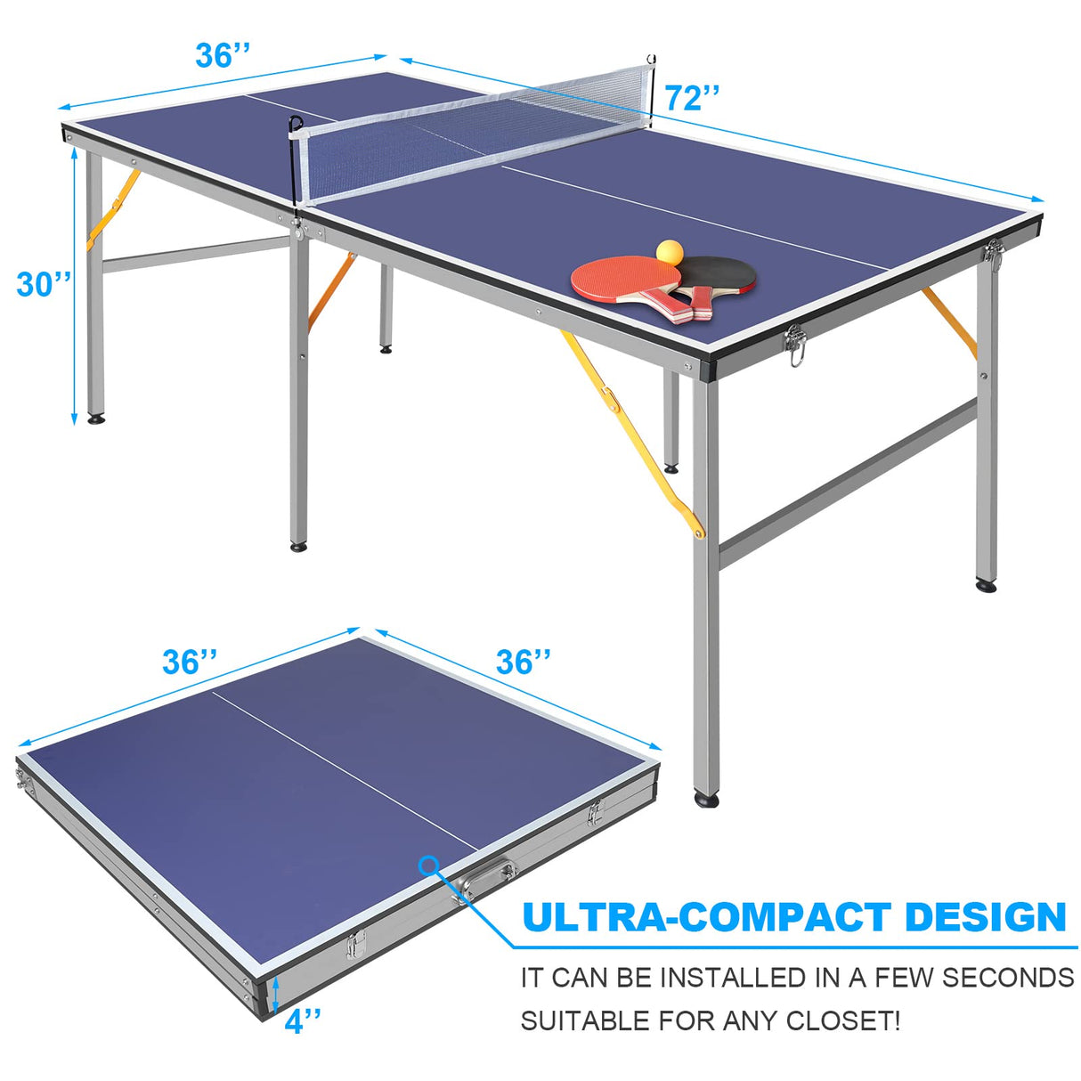 6X3ft Portable Ping Pong Table Game Set, Mid-Size Table Tennis Tables - Folding Indoor Outdoor Table Tennis with Net for Adults/Teens,2 Table Tennis Paddles and 3 Balls Hipicute