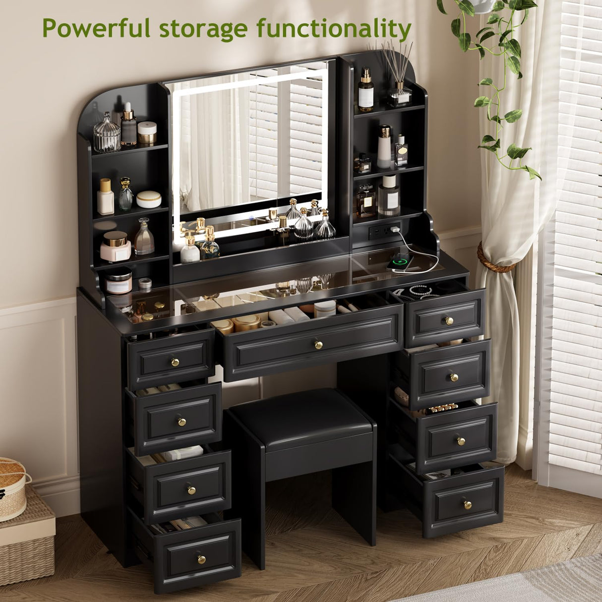 YYJ 42" Makeup Vanity Desk with Mirror and Lights, & Power Outl,Glass Top Big Vanity Table with 9 Drawers& 8 Storage Shelves,Dressing Table Set with Chair for Bedroom, Black.. YYJ
