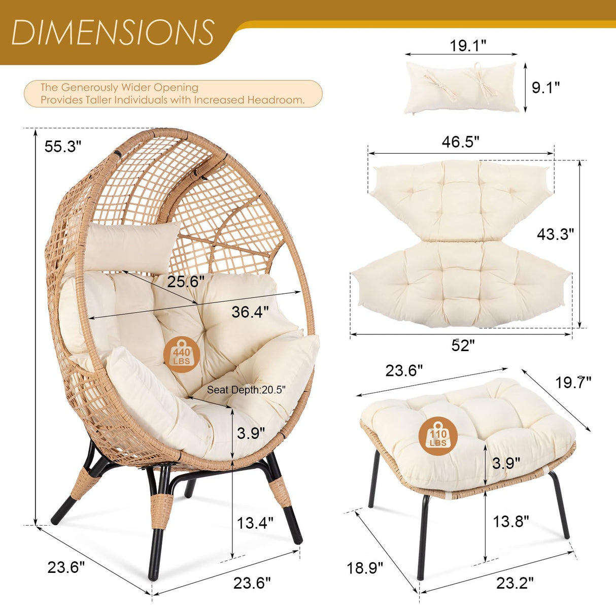 NICESOUL® Indoor Outdoor Stationary Wicker Egg Chair Oversized Thick Cushions Egg Seat with Ottoman, 440lbs Egg Basket Lounge Chair with Footrest, Boho Chair for Patio Balcony Bedroom Beige NICESOUL