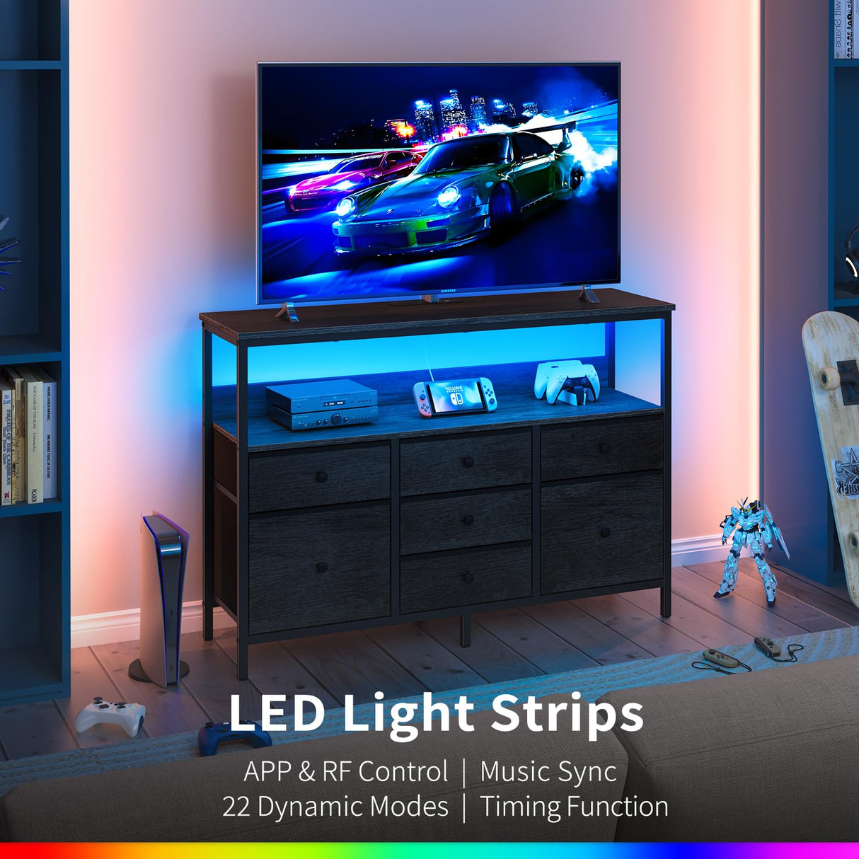 Yoobure TV Stand Dresser for Bedroom, 7 Fabric Drawers Entertainment Center, LED Dressers with Power Outlets, TV Stands for Living Room with Storage Shelf, TV Console Entertainment Stand up to 50" TV Yoobure