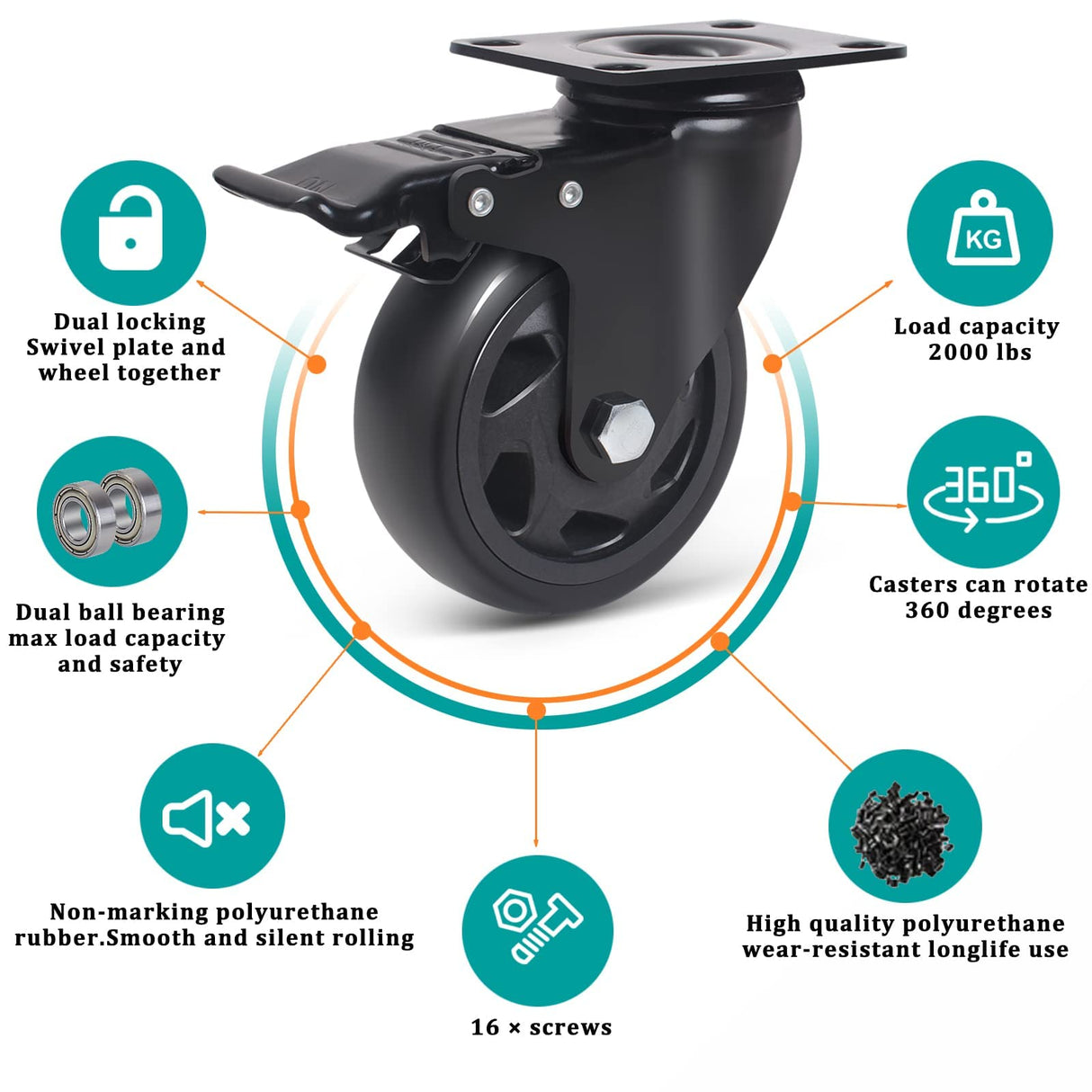 4 Inch Swivel Plate Caster Wheels, All Black Heavy Duty Casters Set of 4 with Brake, Polyurethane Locking Caster Wheels for Cart, Workbench, Load 2000lbs Wieyunn