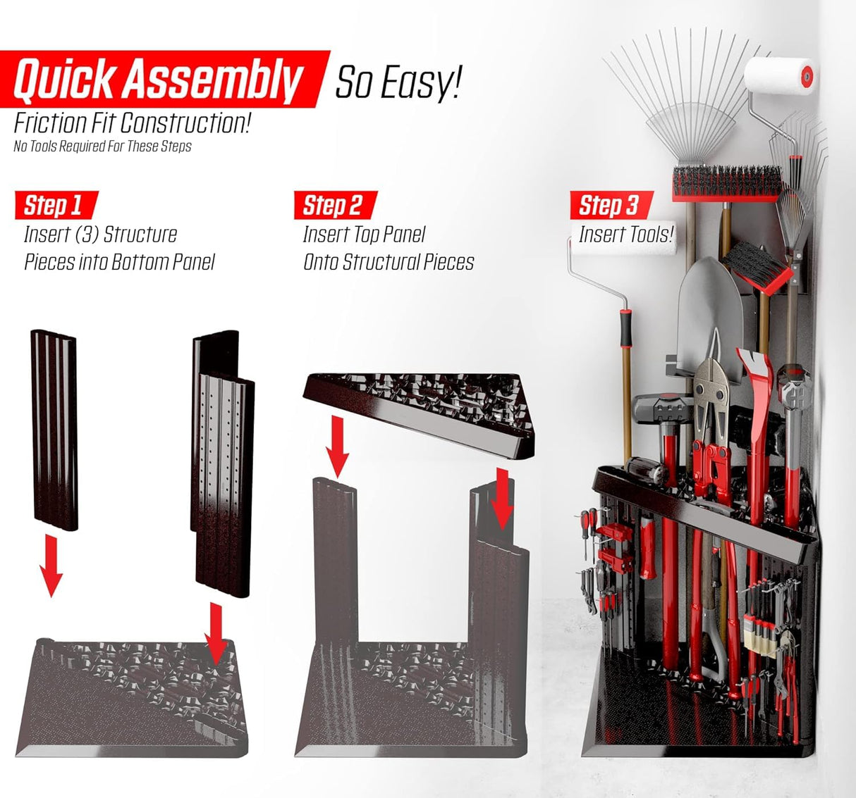 PeerBasics Corner Tool Rack, Garage Storage Organization, Up to 40 Tools like Shovels Brooms Rakes Mops Hammers Pruners, Organize Garden Yard Plus Pegboard, Wall Mounting, Peg Hooks Hardware PeerBasics