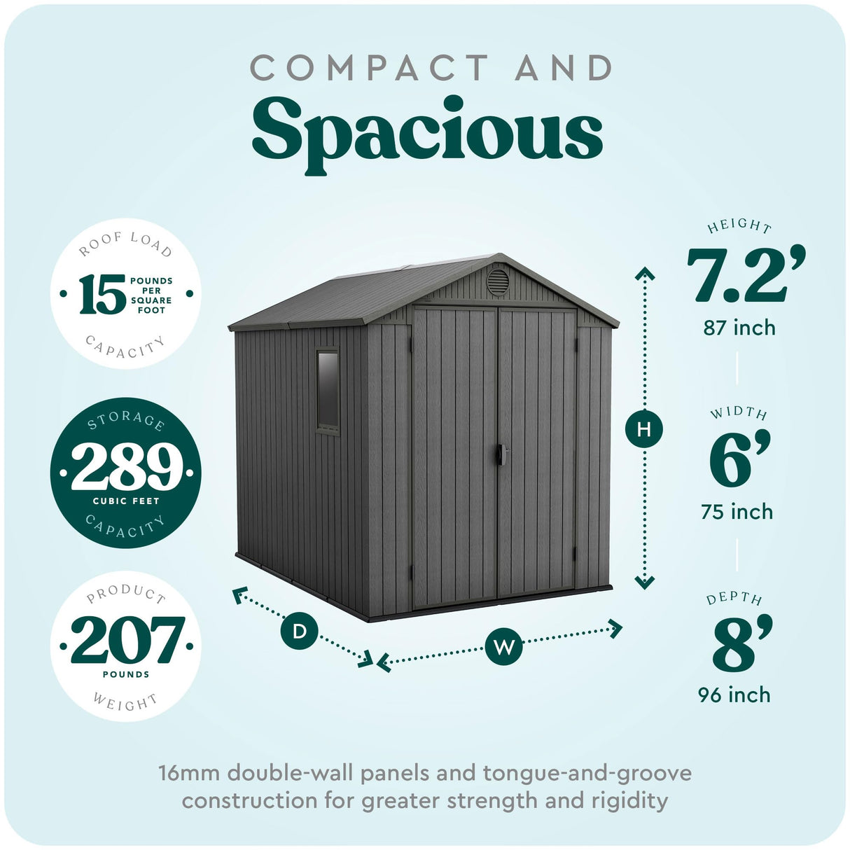 Keter Darwin 6x8 Ft Resin Storage Shed, Graphite Gray – Double Doors with Window & Skylight Keter