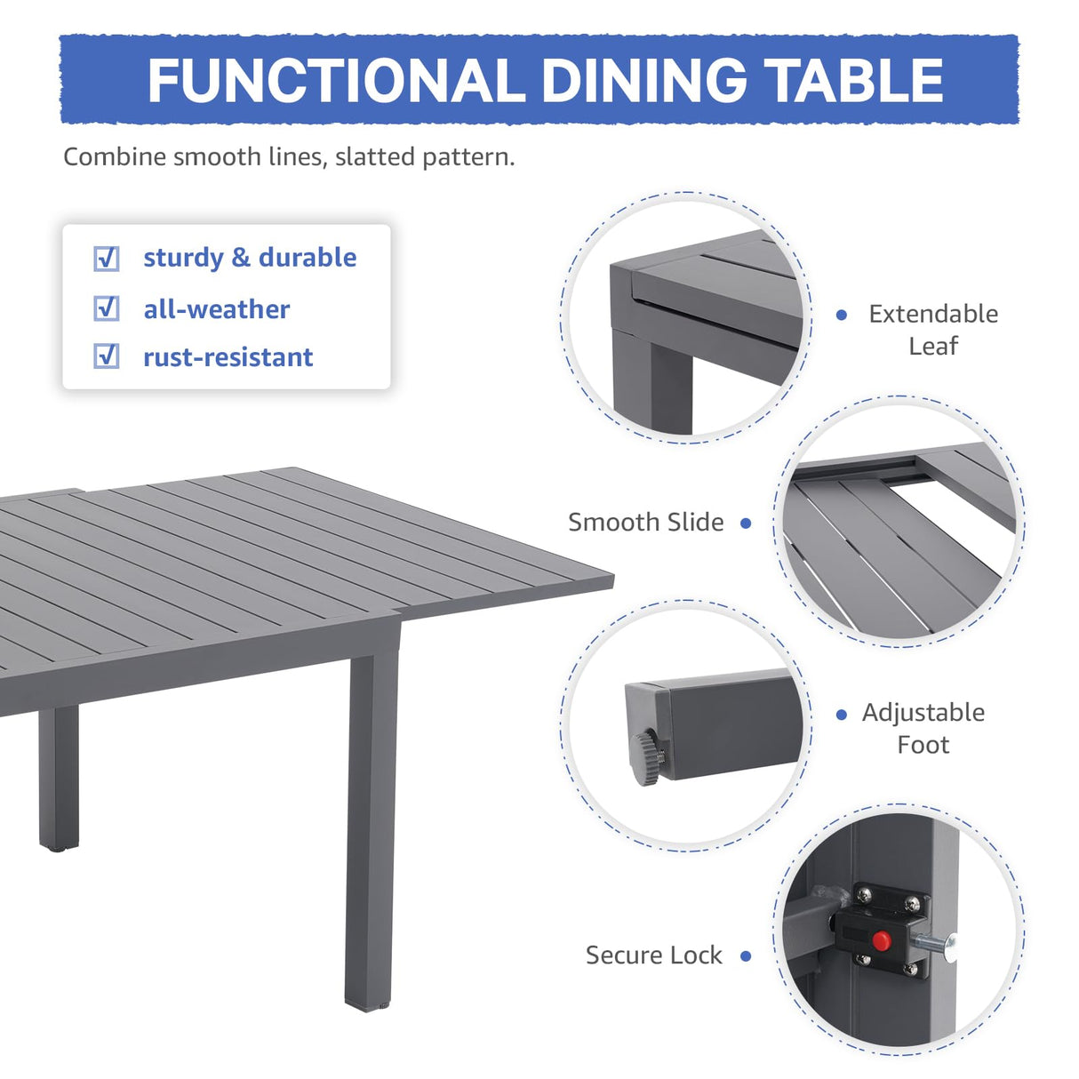SUNSITT 11-Piece Outdoor Patio Dining Set, 63" - 105" Aluminum Expandable Outdoor Dining Table Set for 10, 10 Stackable Chairs with Gray Removable Cushions SUNSITT
