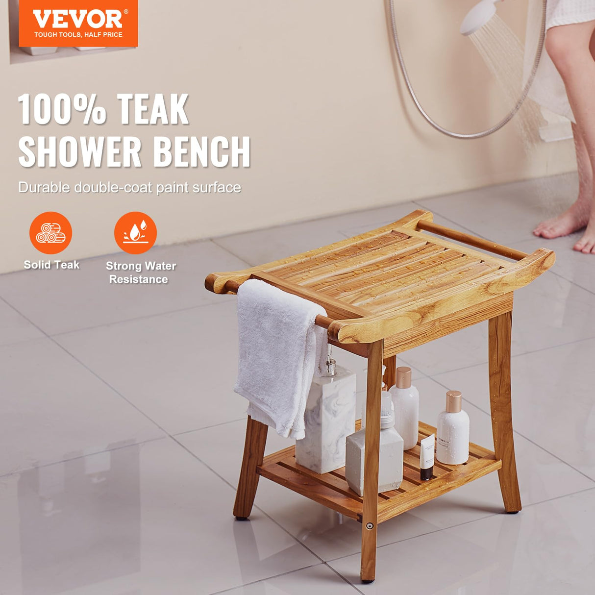 VEVOR Teak Shower Bench with Handles, 22in Waterproof Wood Shower Stool with Storage Shelf Non-Slip Feet, 300 lbs Load Capacity Shower Chair Seat, for Bathroom Indoor and Outdoor Use VEVOR