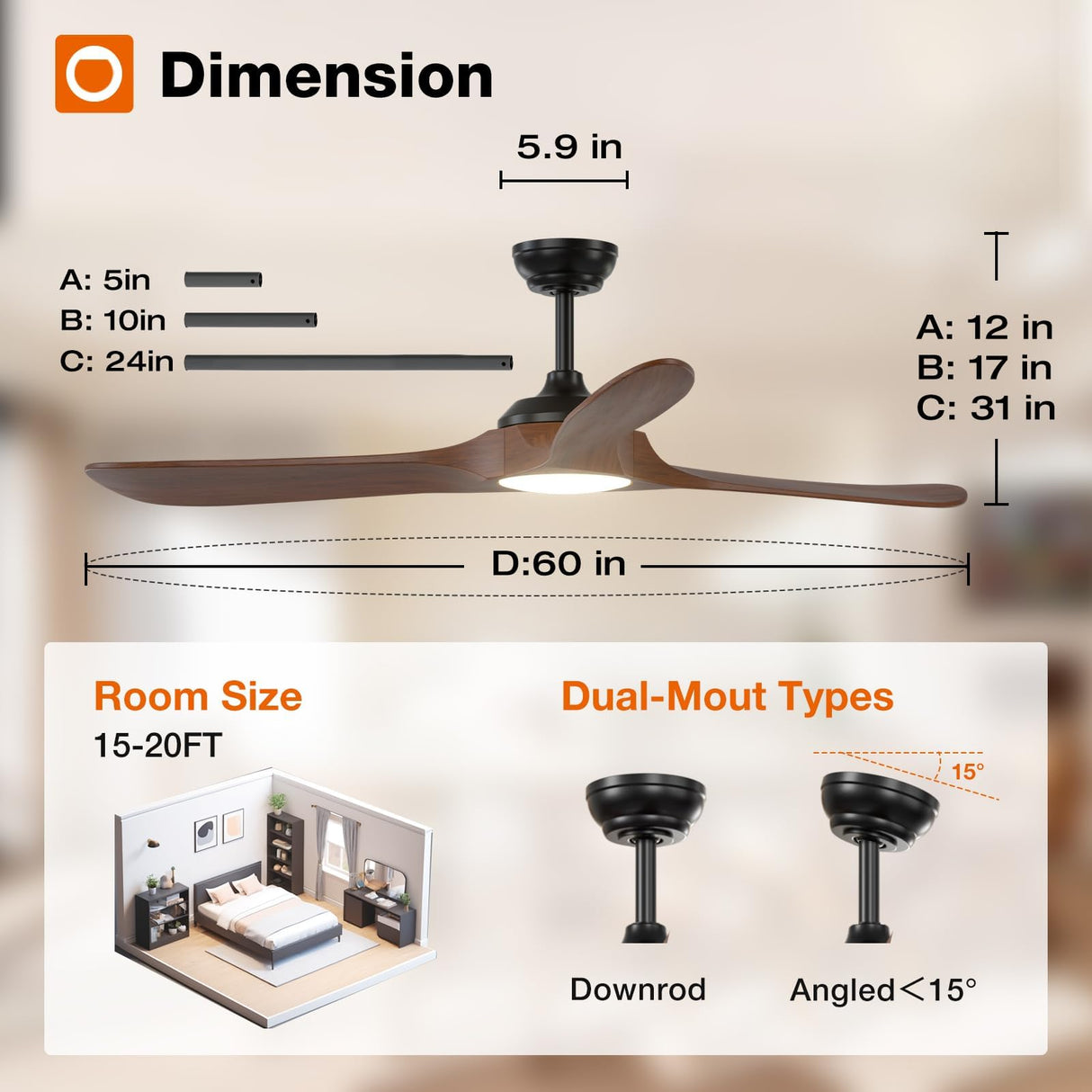 addlon Ceiling Fans with Lights, 60 Inch Indoor/Outdoor Ceiling Fan with Remote Control, Reversible, 3 Wood Blades, 6 Speeds, 3CCT Dimmable, Noiseless, Large Ceiling Fan for Patio, Gazebo, Farmhouse addlon