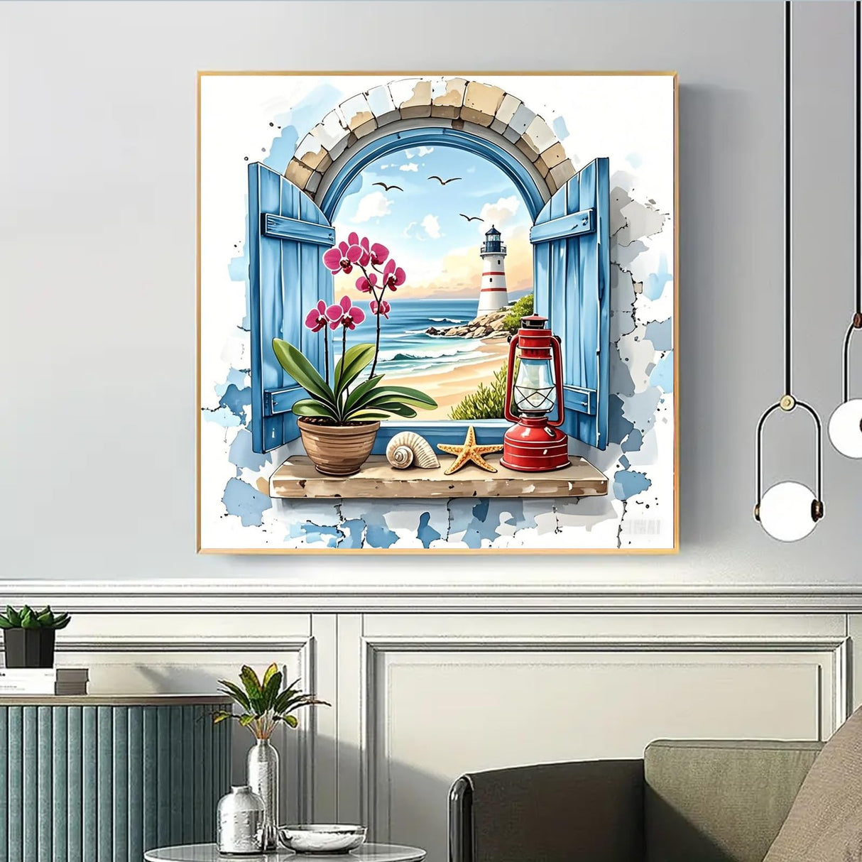 Beach Diamond Art Kits for Adults, Lighthouse Diamond Painting Kit for Beginner, DIY Full Round Drills Windowsill Diamond Dots 5D Gem Arts and Crafts Kit for Home Wall Decor 12x12IN DIYDECORFUN