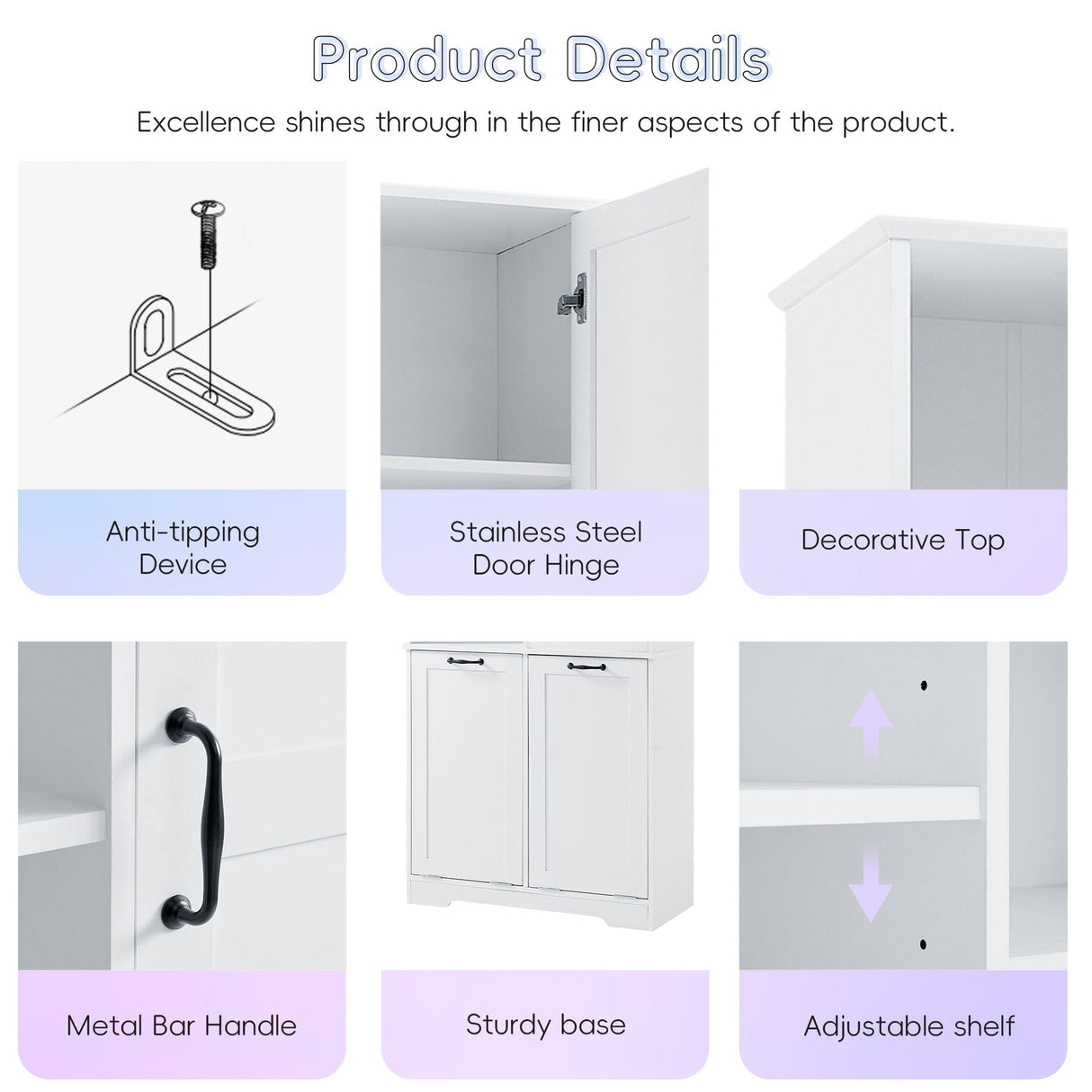 SOFTSEA 68" Double Tilt Out Laundry Hamper, Tall Bathroom Storage Cabinet with Hidden Laundry Basket & Adjustable Shelf, Freestanding Bathroom Cabinet with Doors and Open Shelves, White SOFTSEA