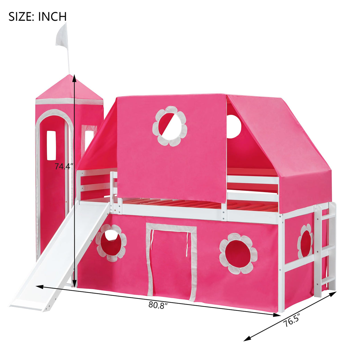 Polibi Castle Loft Bed with Slide & Tent and Tower, Playhouse Design Spacious Under Bed Space with Curtains, Wood Tent Bed Frame for Kids Boys Girls (Pink, Twin) Polibi