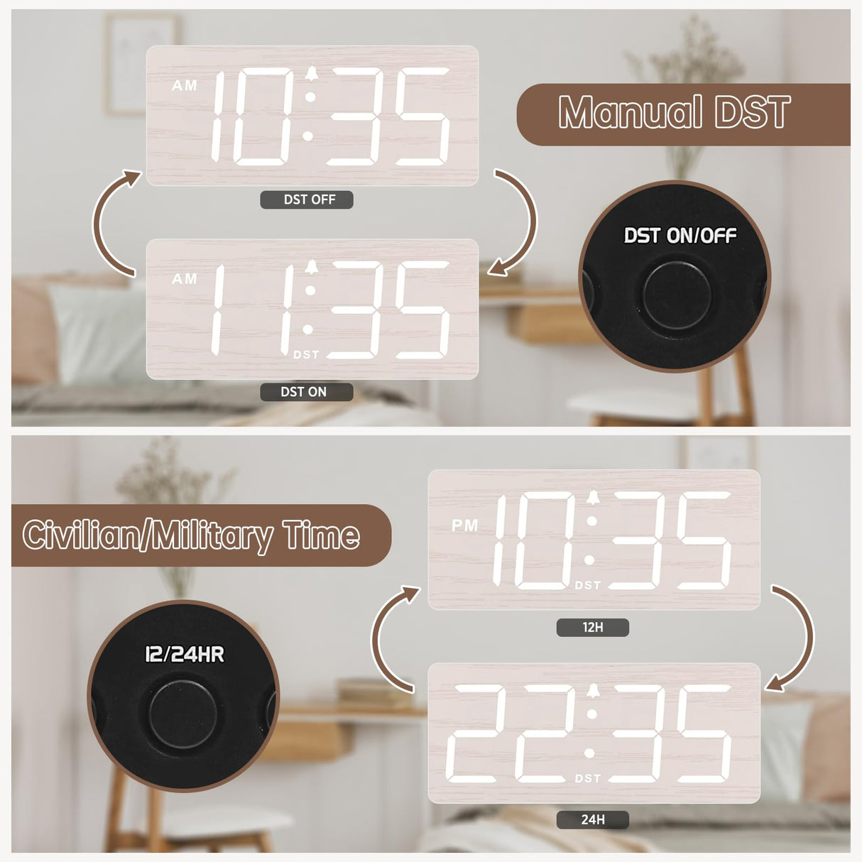 DreamSky Wooden Digital Alarm Clock for Bedroom - Wood Desk Clocks for Living Room with Large Numbers, Dimmer, USB Port, Loud Alarm for Heavy Sleepers with Volume Control, DST DreamSky