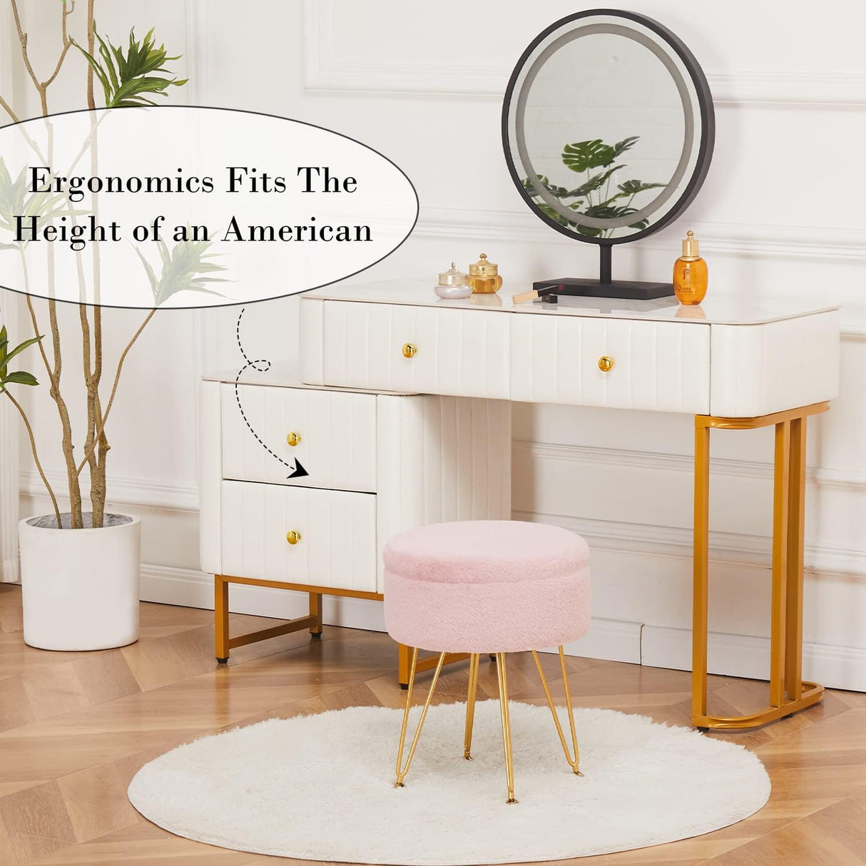 Cplxroc Ottomans Round Faux Fur Ottoman with Storage Footstools Vanity Chair Coffee Table Ottoman for Living Room (Pink) Cplxroc