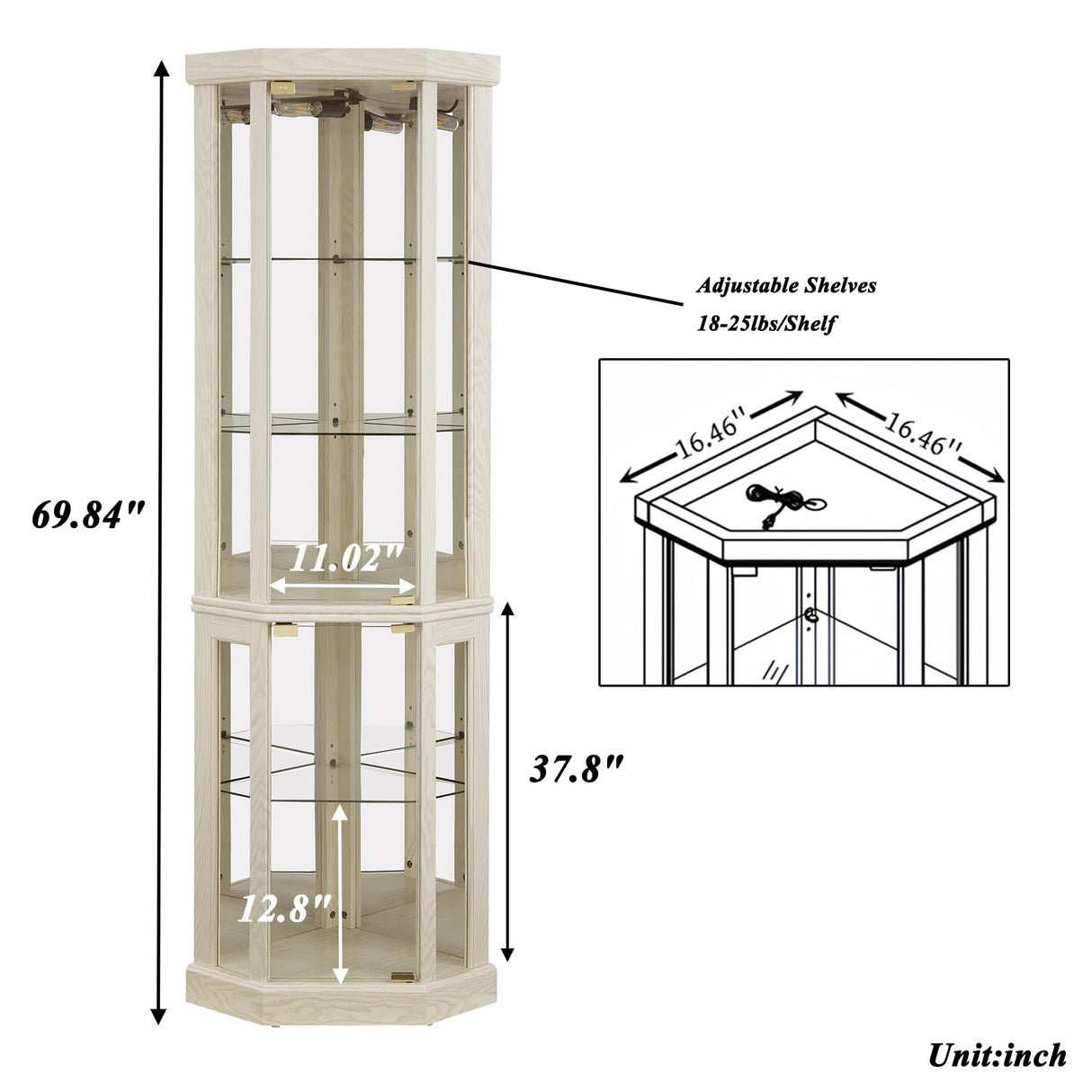 XZTUAJ 69"H Lighted Curio Cabinet Corner Display Case, Corner Glass Cabinet with Adjustable Shelves and Tempered Glass, Wooden Corner Curio Cabinet w/ Mirrored Back Pane for Living Room(Antique White) XZTUAJ