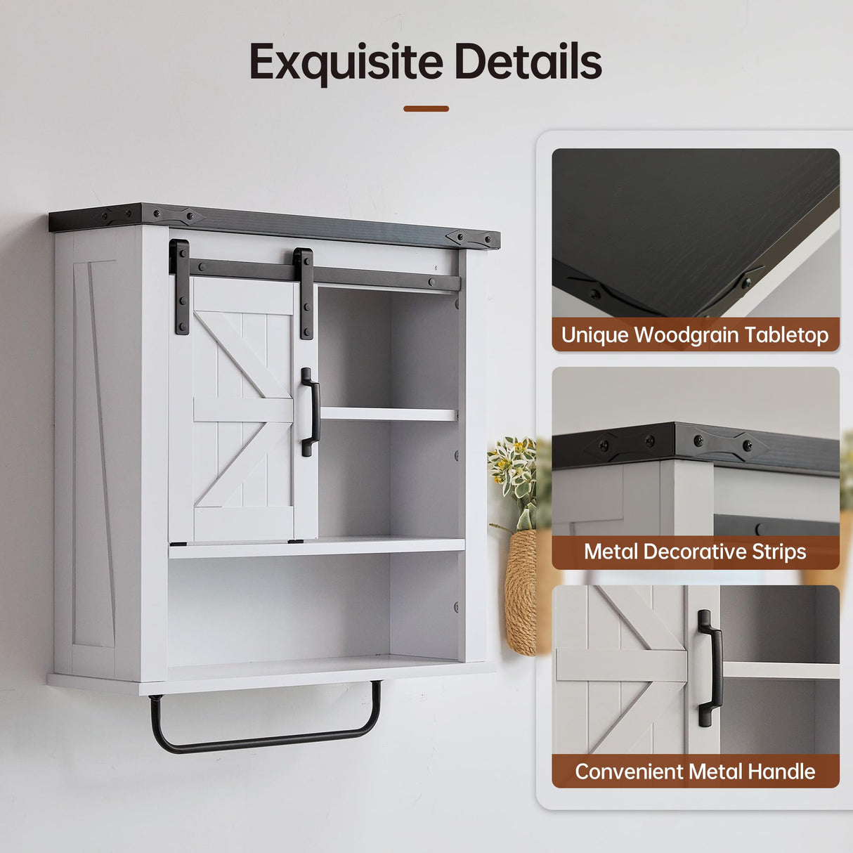 Bathroom Wall Cabinet, Above Toilet Storage Cabinet with Towel Bar, Farmhouse Medicine Cabinet with Sliding Barn Door, 23 Inch Storage Cabinet, Easy to Clean for Bathroom, Bedroom, Kitchen, White Real Relax