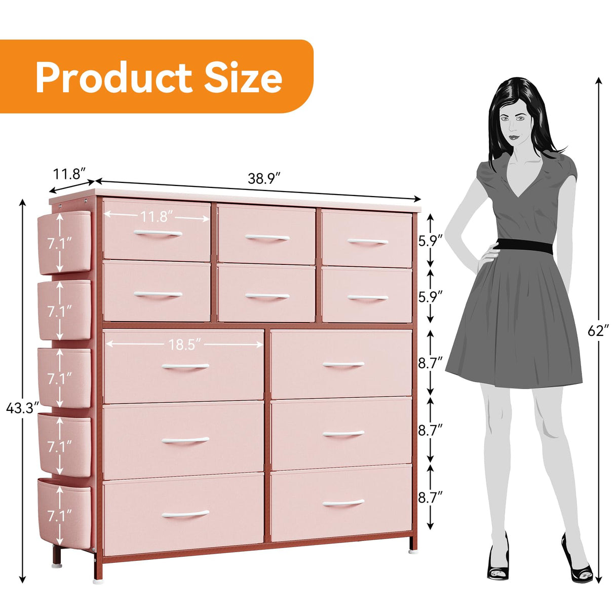 12 Dresser for Bedroom, Chest of Drawers for Bedroom with Side Pockets and Hooks, Fabric Storage Dresser, Sturdy Steel Frame, Wood Top, Easy Pull Handle (Pink) Jojoka