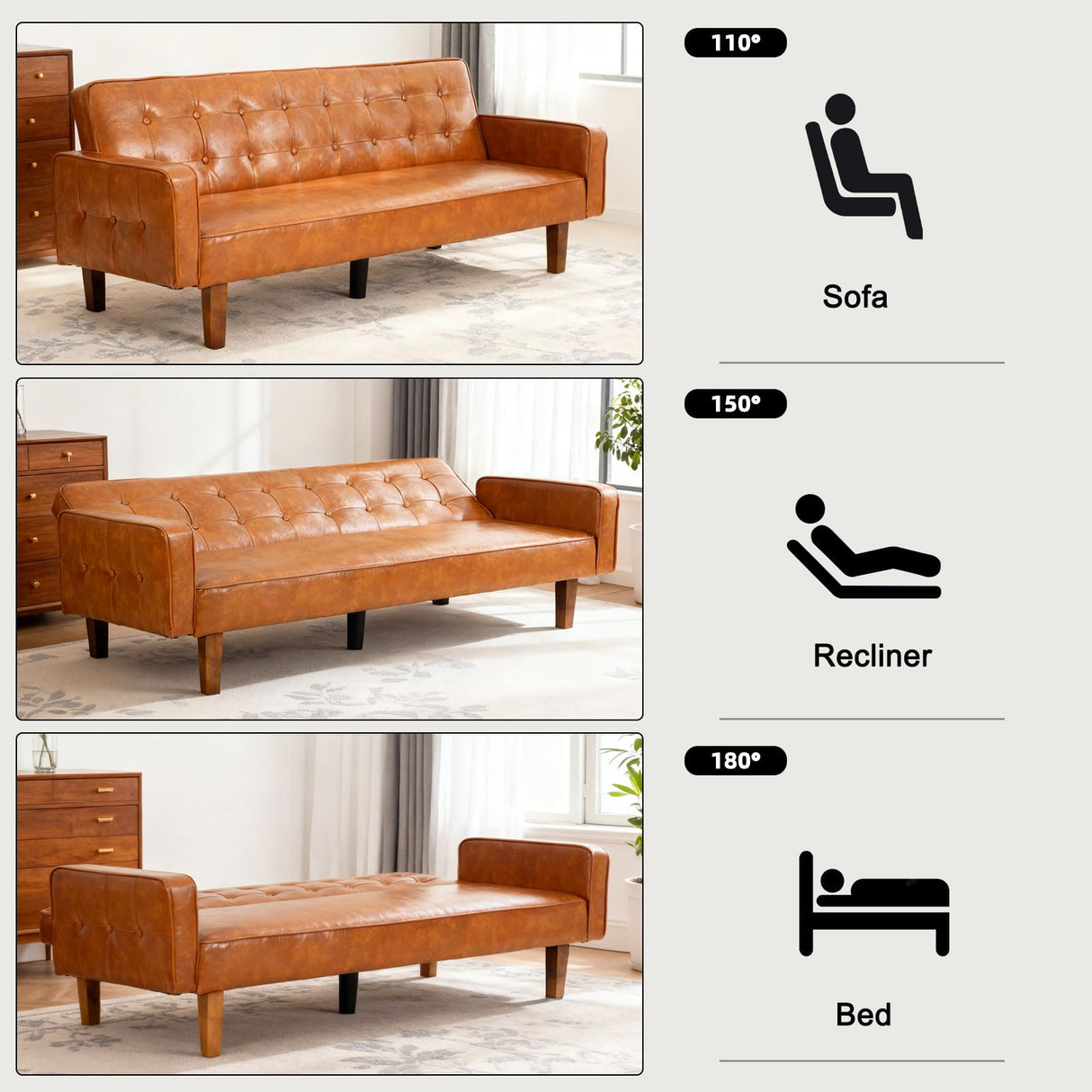 gkxjtzo 74" Faux Leather Futon Sofa Bed Small Space Sleeper Couch, Adjustable Backrest, Mid-Century Modern Loveseat for Living Room, Bedroom, Apartment(Brown) gkxjtzo