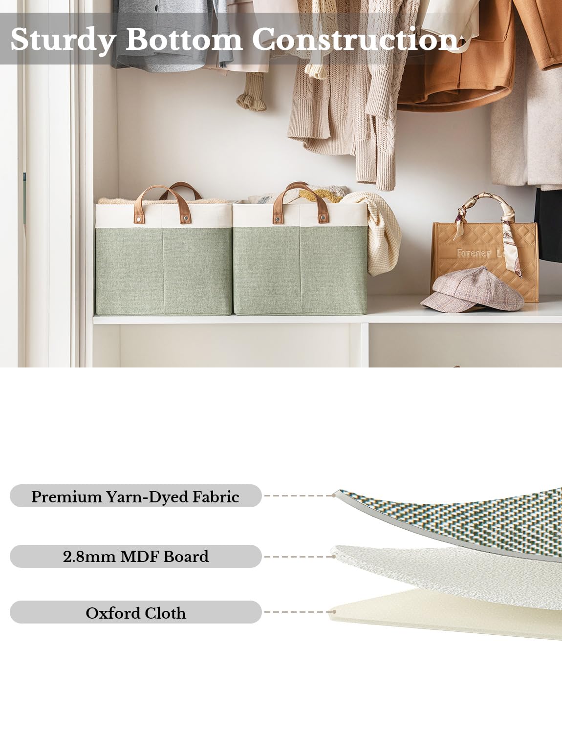 StorageWorks Storage Bins, Shelves Baskets for Organizing, 45L Extra Large Fabric Closet Organizers with Handles, Metal Frame, Green and White, 2-Pack StorageWorks