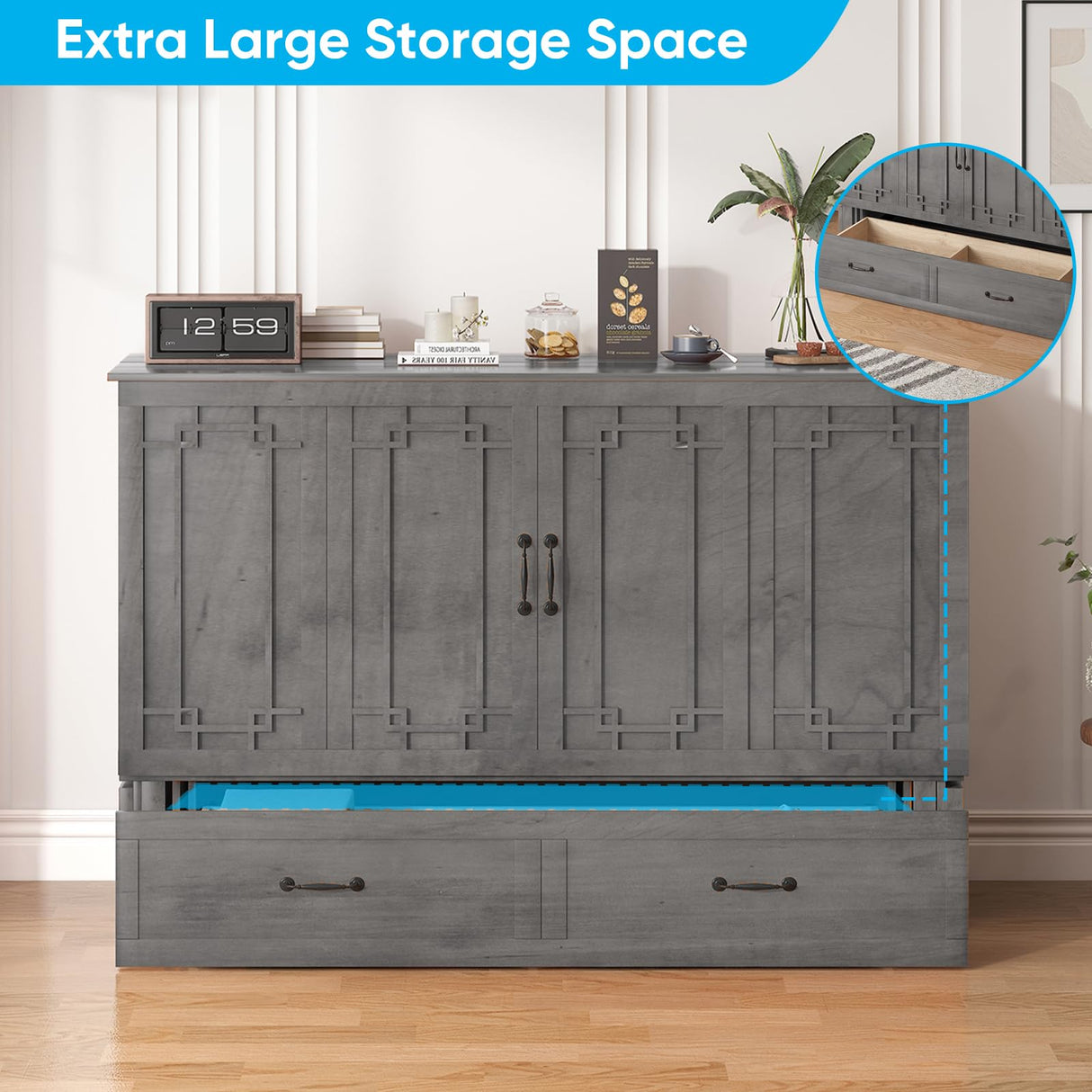 Mjkone Queen Murphy Bed Cabinet, Hidden Adult Guest Bed with Built-in USB Charging Station, 2 Large Drawers, Bedside Panel, Murphy Cabinet Chest Beds for Guest Room, Bedroom, NO Mattress - Grey Mjkone