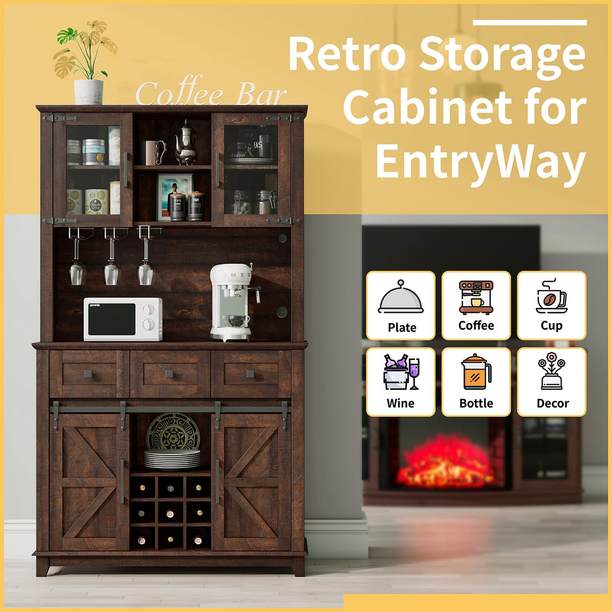 LUXOAK 72" Coffee Bar Wine Cabinet with Sliding Barn Door & LED Lights, Sideboard Buffet Cabinet with Wine Bottle Rack, 3 Drawers, Storage Cabinet for Kitchen, Dining Room, Brown LUXOAK