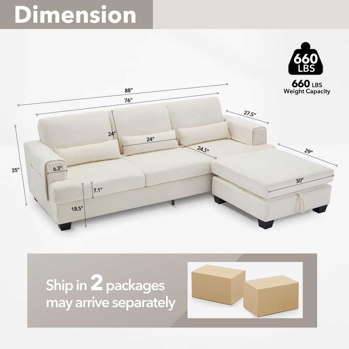 Siiejia 88" Sectional Couches for Living Room, Comfy L Shaped Sofa Couch with Storage Ottoman & Pocket, Modern 3 Seater Boucle Couch with Lumbar Pillows for Apartment, Office, Easy Assembly, Beige Siiejia
