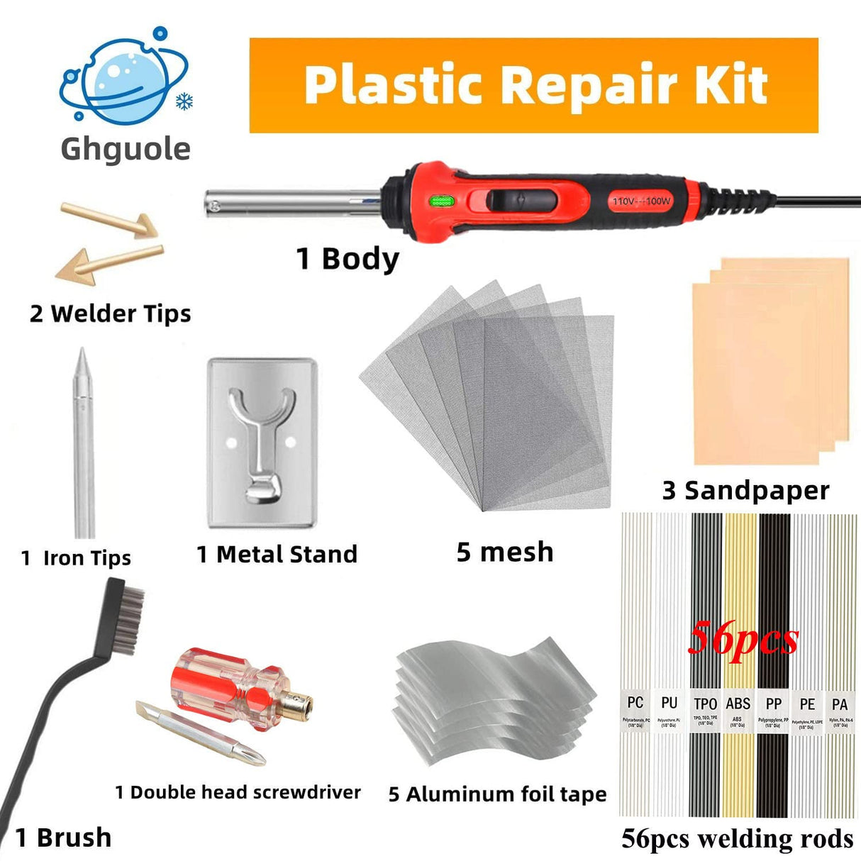 100W Plastic Welder, 2-in-1 Plastic Welding Kit with Soldering Iron Tips & 56Pcs Rods, 3-Speed Temperature Control Soldering Iron Gun, Professional Surface Repair Tool for Car Bumper,Dashboard, Kayak Ghguole