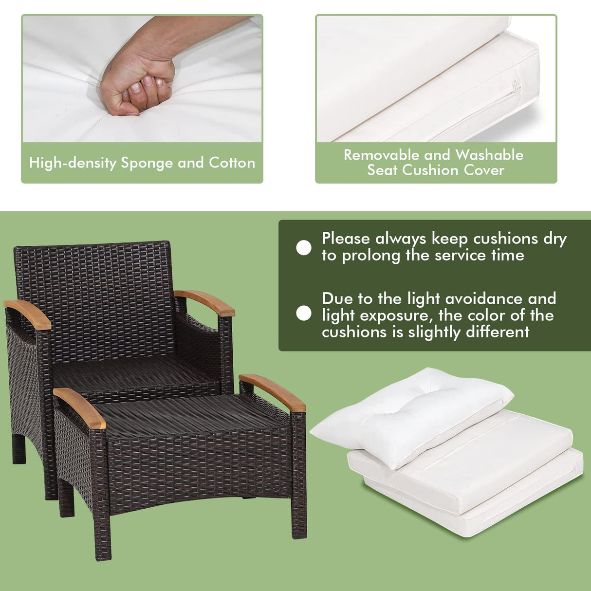 HAPPYGRILL 5 Pieces Patio Furniture Set Outdoor PE Wicker Lounge Chair and Ottoman Set with Cushions and Side Table with Acacia Wood Tabletop, Outdoor Conversation Set for Garden Poolside Backyard HAPPYGRILL