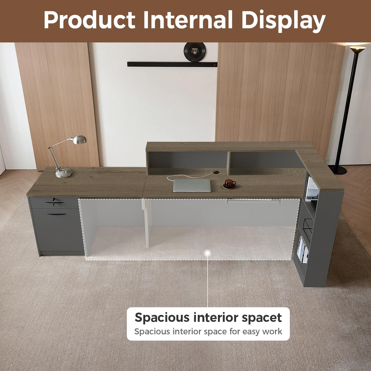 Huariifowm Modern L Shape Reception Desk with Counter,Stylish Front Desk Reception Counter with Drawers, Open Shelves, and Keyboard Tray (Tobacco Wood+Iron Gray/Right, 79" L*24" W*41" H) Huariifowm