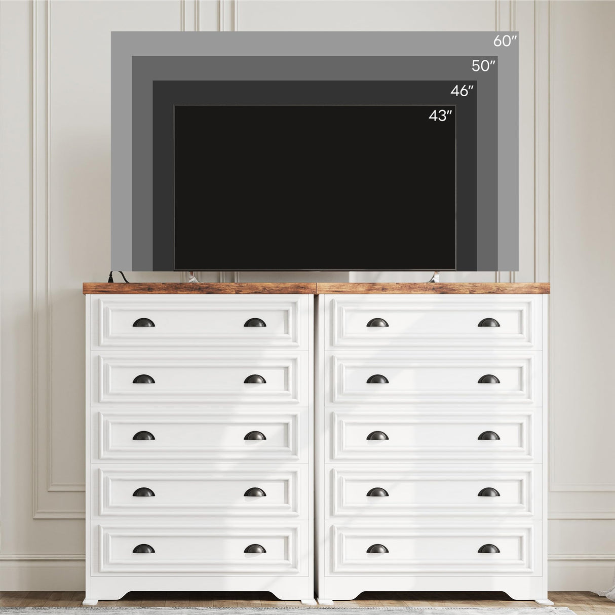 LIKIMIO 43" Tall 5 Drawers Dresser for Bedroom, Power Strip, Farmhouse Large Wood Dressers & Chest of Drawers with Wide Storage Cabinet, White LIKIMIO