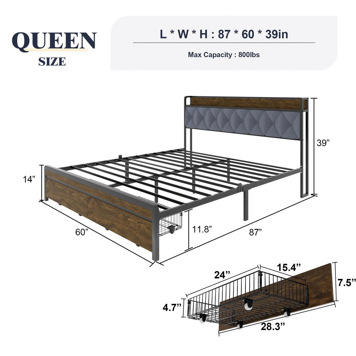 HAOARA Queen Size Metal Platform Bed Frame with 2 Storage Drawers & LED Light, Velvet Button-Tufted Headboard with Outlet & USB Charging Port, Heavy Duty, Brown Wooden Panel, No Box Spring Needed HAOARA