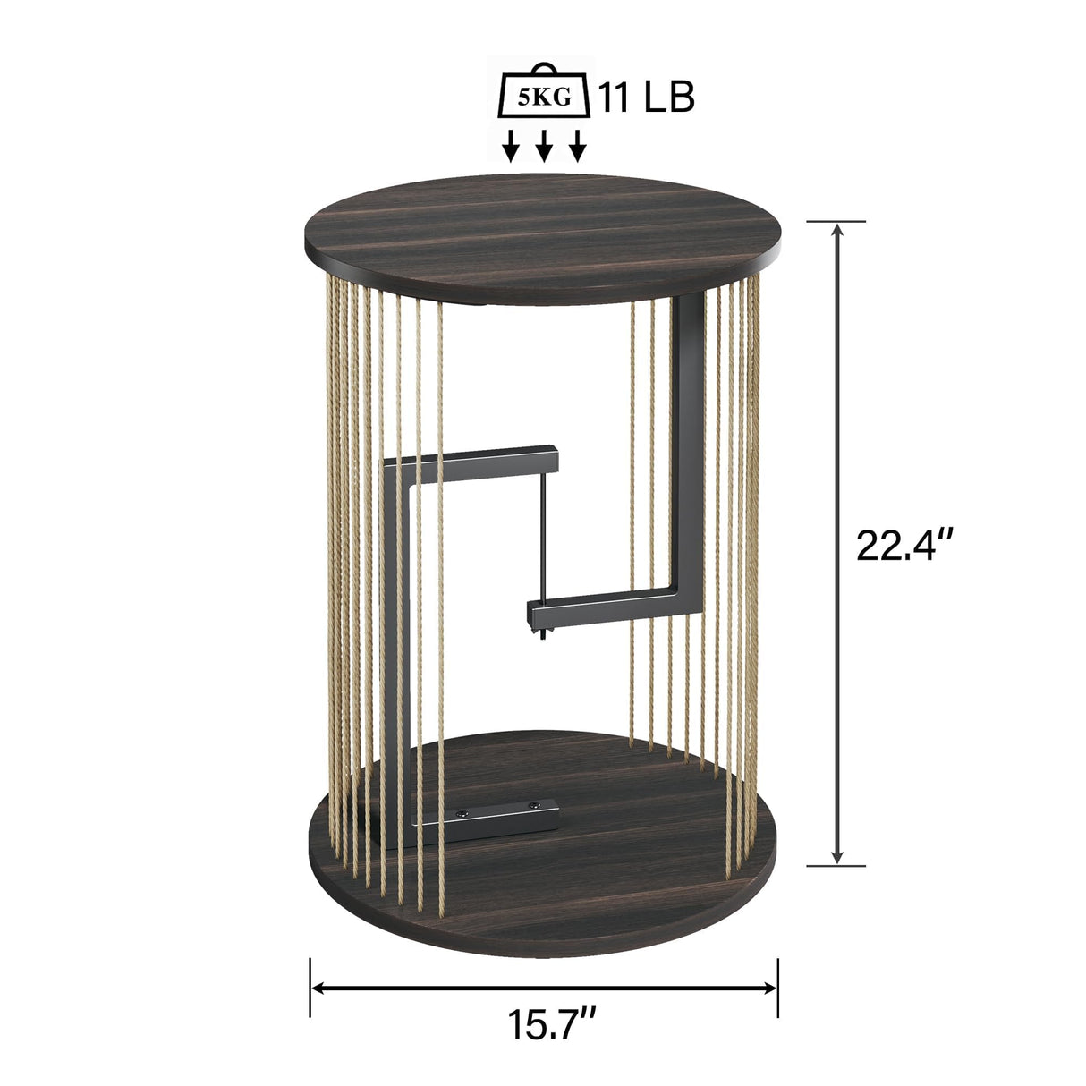 Side Table, Round End Table for Living Room, Bedroom, Black LED Nightstand with Twine Rope Design, Mid Century Modern Wood Accent Coffee Table, Antique Nightstand HUAHUU