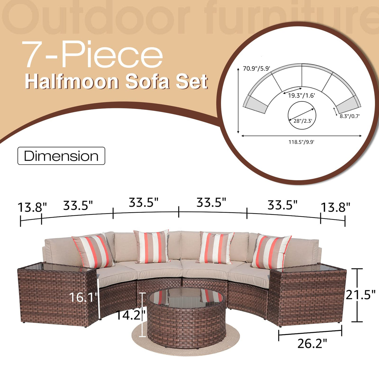 SUNSITT Outdoor 7-Piece Half-Moon Sectional Furniture Set with Round Coffee Table, Patio Curved Sofa Set, Beige Cushion and Brown Wicker, Incl. Waterproof Cover SUNSITT