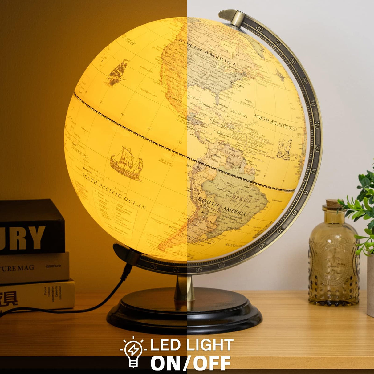 12'' Retro Illuminated World Globe with Wooden Stand, 2-1 Educ & Décor Antique Night Light up Globe Built in LED & HD Printed Map, Antique Illuminated Globe for Adults & Kids, Home Décor, Office BSHAPPLUS