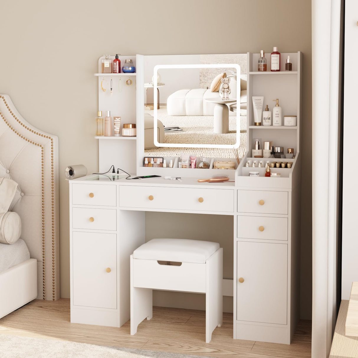 Vabches Vanity Desk with Lights, Makeup Vanity Table with Charging Station, 44.9in Big Vanity Set with 5 Drawers & Lots Storage Space, White Vabches
