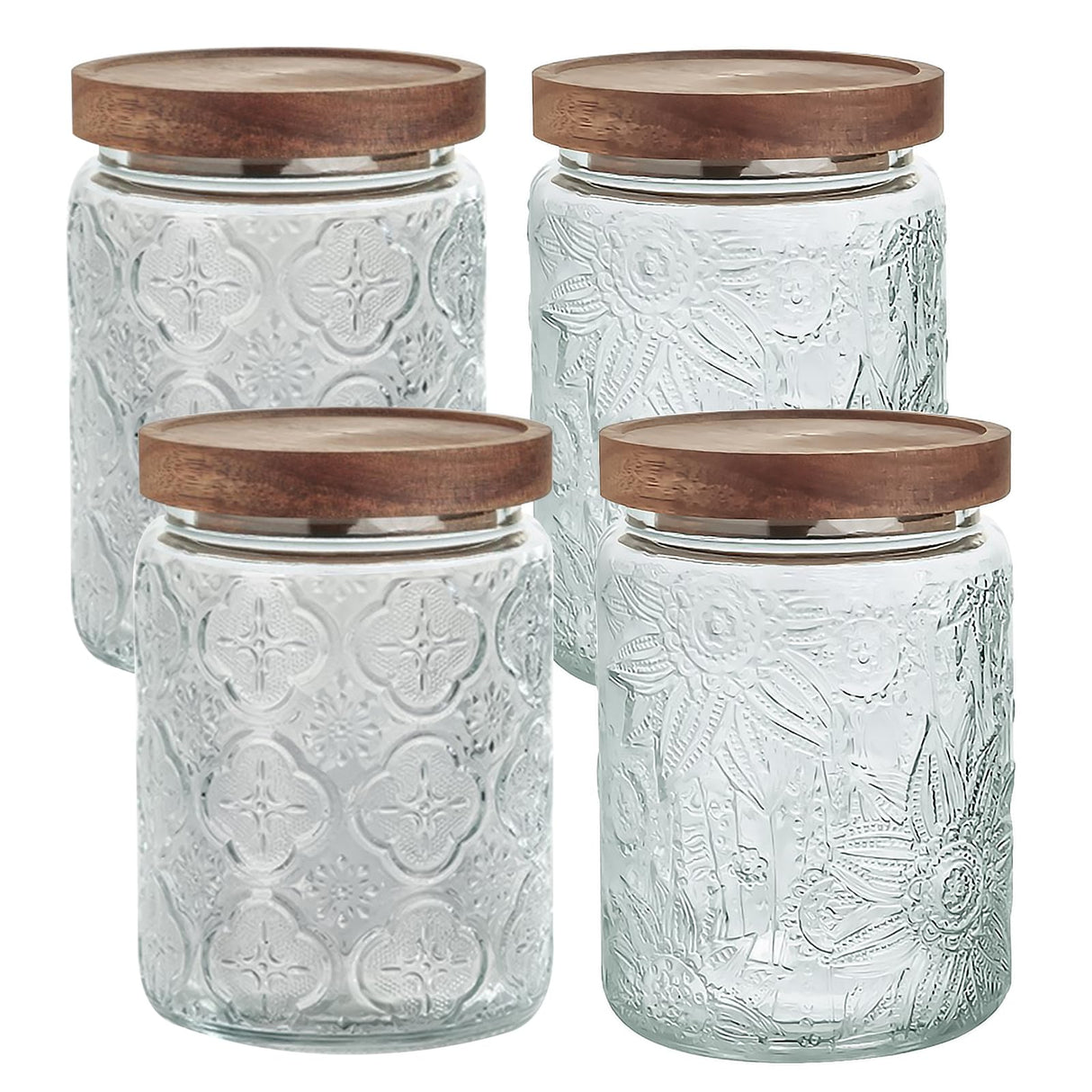 24 OZ/4 PCS Glass Storage Jar with Airtight Bamboo Wooden Lids, Vintage Food Containers Canisters Sets for Kitchen Counter Pantry, Sugar, Flour, Candy, Tea, Coffee Beans, Oats, Grain Bin, Pasta, YUTGSMPO