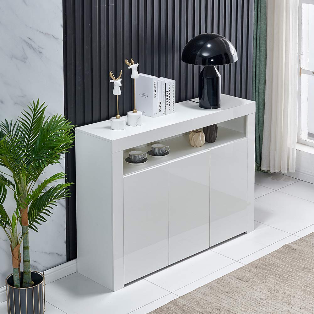 HomeSailing LED Kitchen Sideboard Storage Buffet Cabinet White High Gloss for Living Room, Modern Wooden Unit Cupboard TV Stand with 3 Doors for Hallway Dining Room HomeSailing
