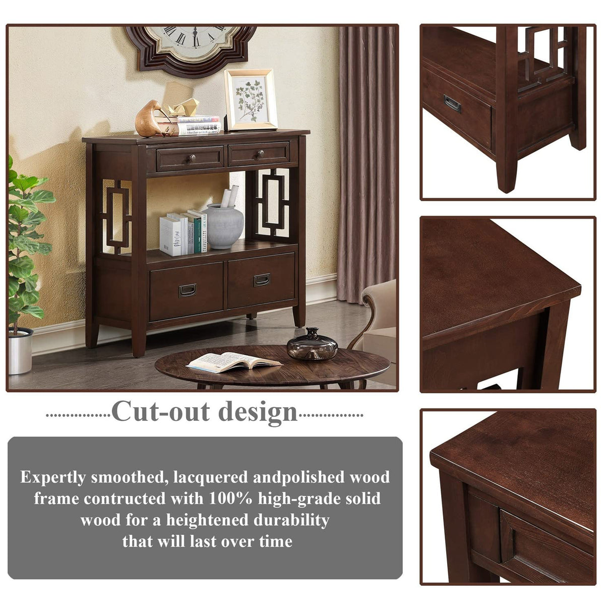 L“KeKe 36 Inch Country Farmhouse Console Table with 4 Drawers and 1 Storage Shelf Pine Wood Suitable for Entryway Entrance Living Room Bedroom Hallway Kitchen (Light espreso L“KeKe