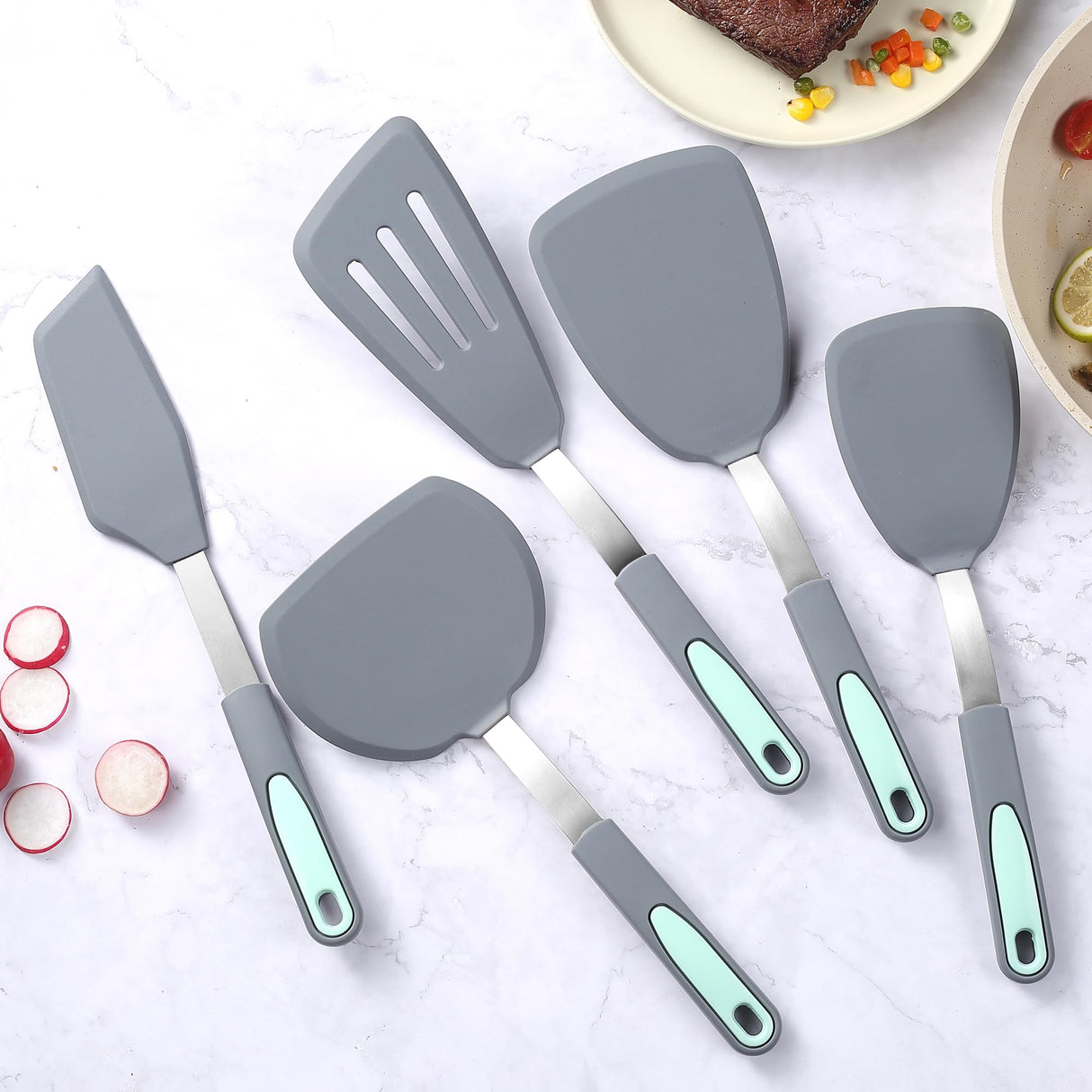 To encounter 5 Pieces Silicone Spatula Set, Non-Stick Silicone Turner Spatulas, Heat Resistance Cooking Utensils, Flip Turner for Fish, Egg, Pancake, Light Grey To encounter