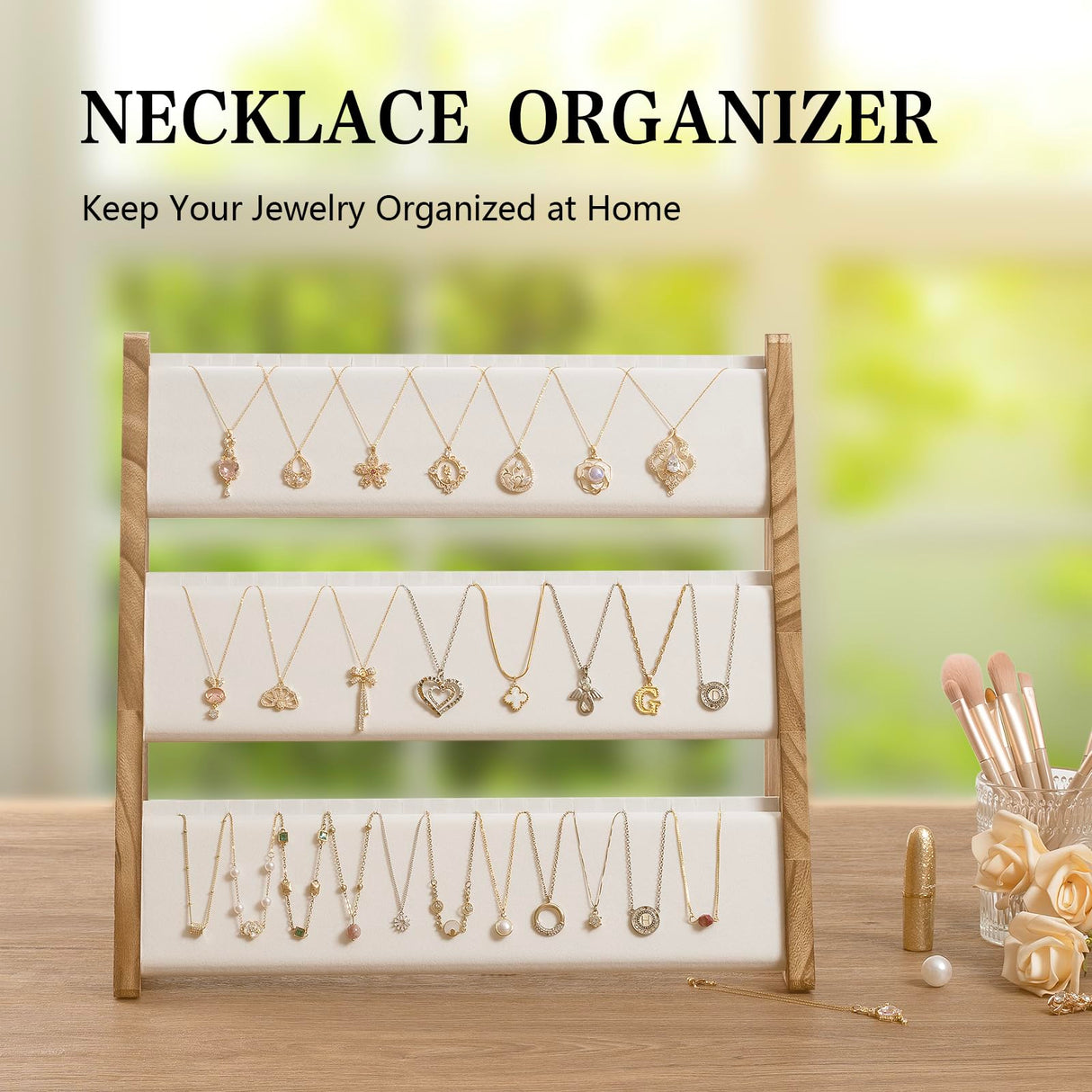 Yoimori Necklace Holder, 3 Tier Necklace Organizer Stand with White Velvet, Wood Necklace Display Stands for Selling, Jewelry Display Stand for 72 Necklaces Bracelets (Brown) Yoimori
