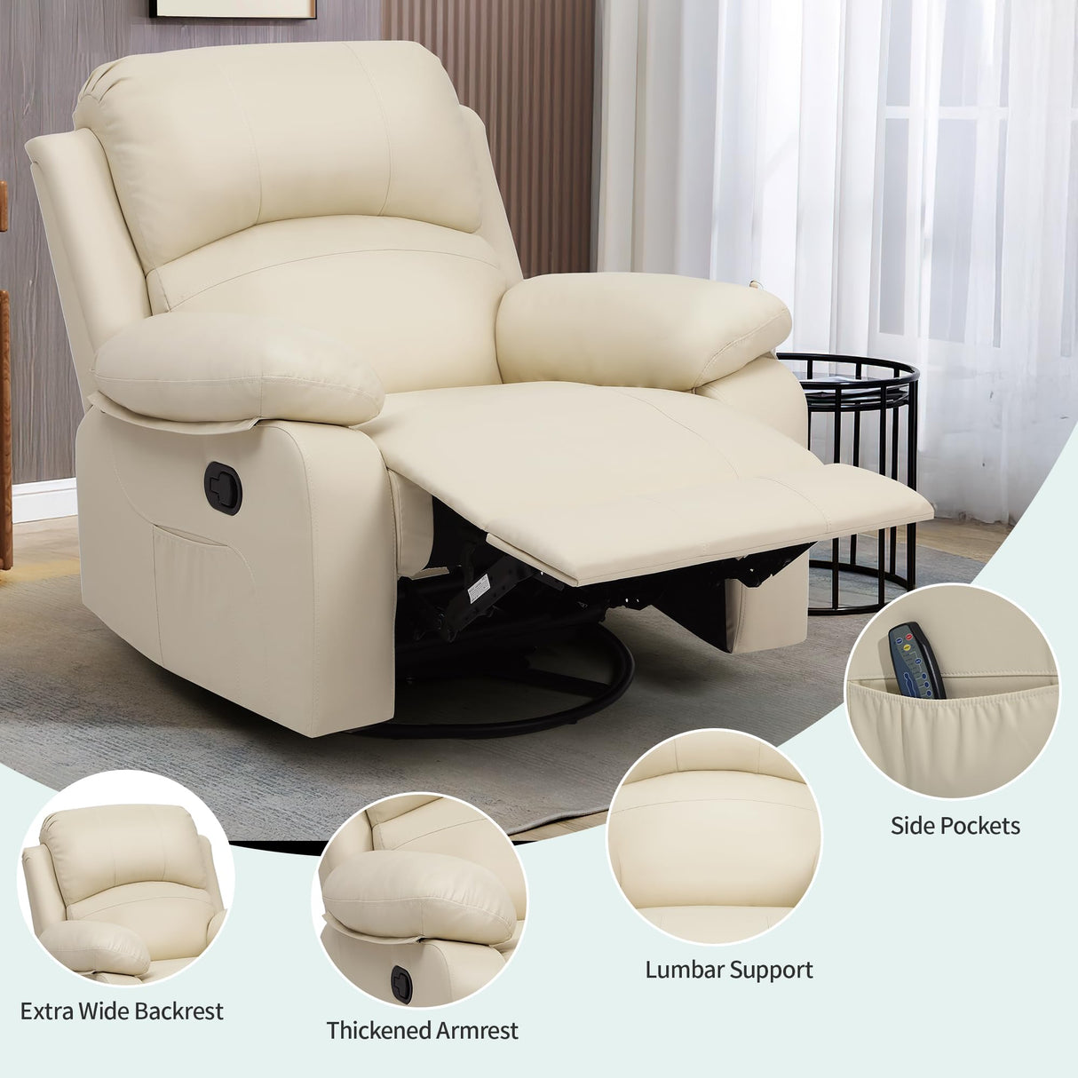 YITAHOME Rocker Recliner Chair with Heat & Massage, Faux Leather Recliner with Overstuffed Armrest, 360° Swivel, Manual Reclining, Rocking Function & Side Pocket for Living Room,Beige YITAHOME