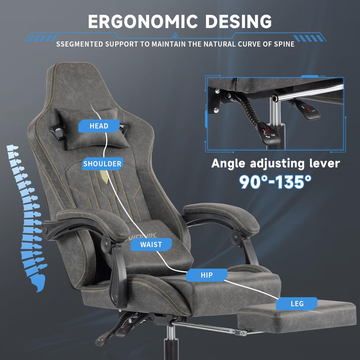 Gaming Chair, Video Game Chair with Massage Lumbar Support and Footrest, Comfortable Ergonomic Computer Chair with Linkage Armrests, Height Adjustable Racing Game Chair Pu Leather for Adults, Grey NIONIK