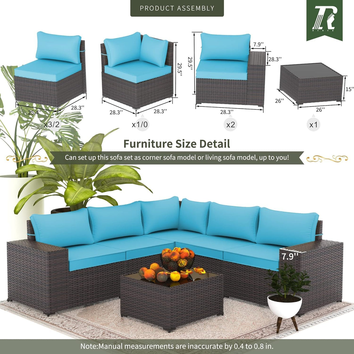RTDTD Outdoor Patio Furniture Set, 6 Pieces Outdoor Furniture All Weather Patio Sectional Sofas PE Wicker Modular Conversation Sets with Coffee Table,5 Chairs & Seat Clips Turquoise Blue. RTDTD