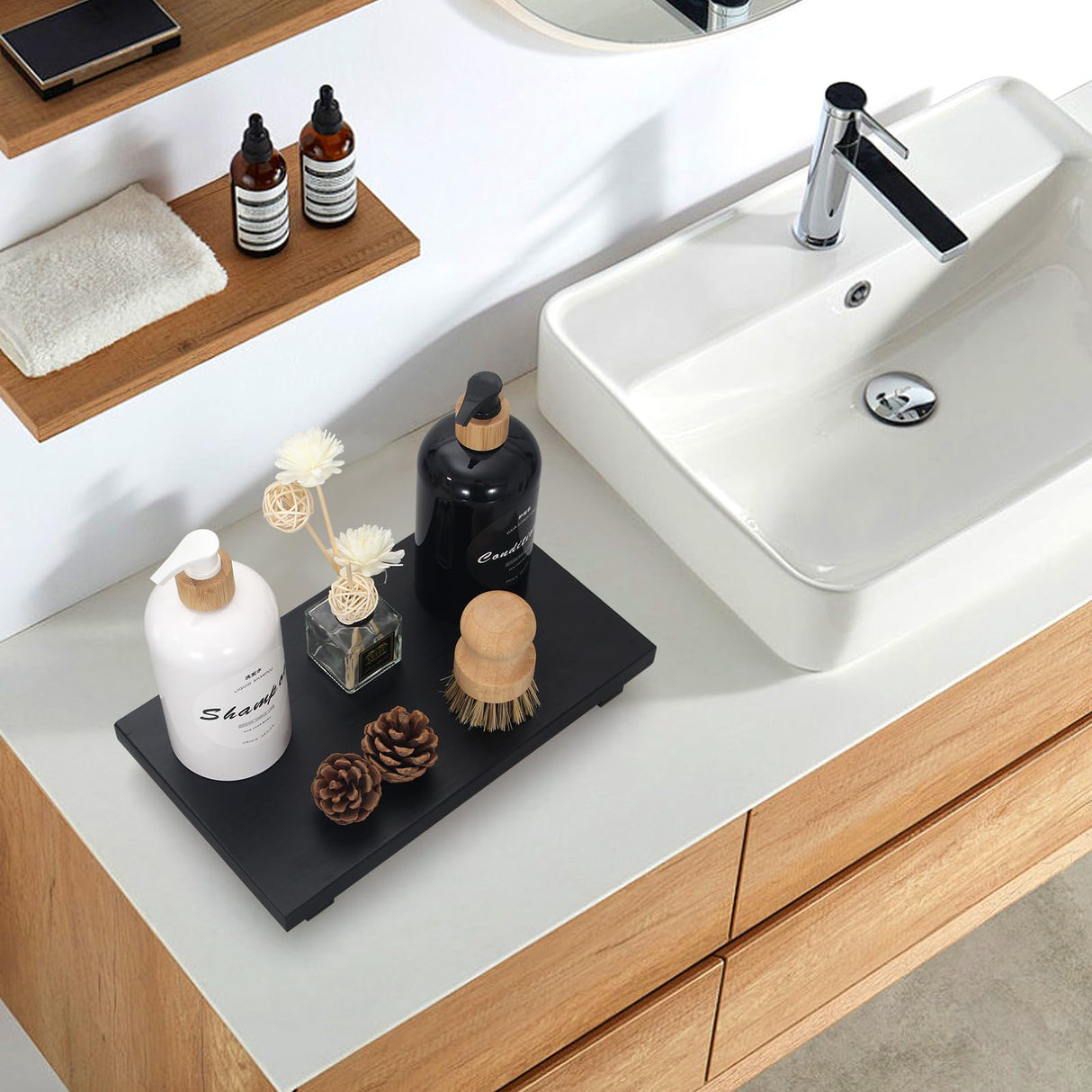 Black Bathroom Counter Tray Organizer Wood Risers Stand Kitchen Sink Tray Dish Soap Dispenser Holder for Countertop Modern Wooden Pedestal Display Farmhouse Bathroom Decor Accessories Vanity Tray Ayiaren