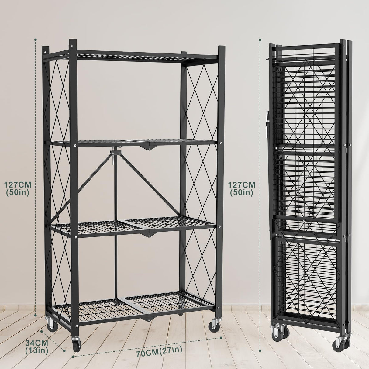FREGREE 50" H 4 Tier Foldable Storage Shelf with Wheels, Folding Shelving Loads 400 LBS, Metal Steel Garage Shelves, Rolling Standing Utility Rack for Kitchen, Pantry, Office, Black FREGREE