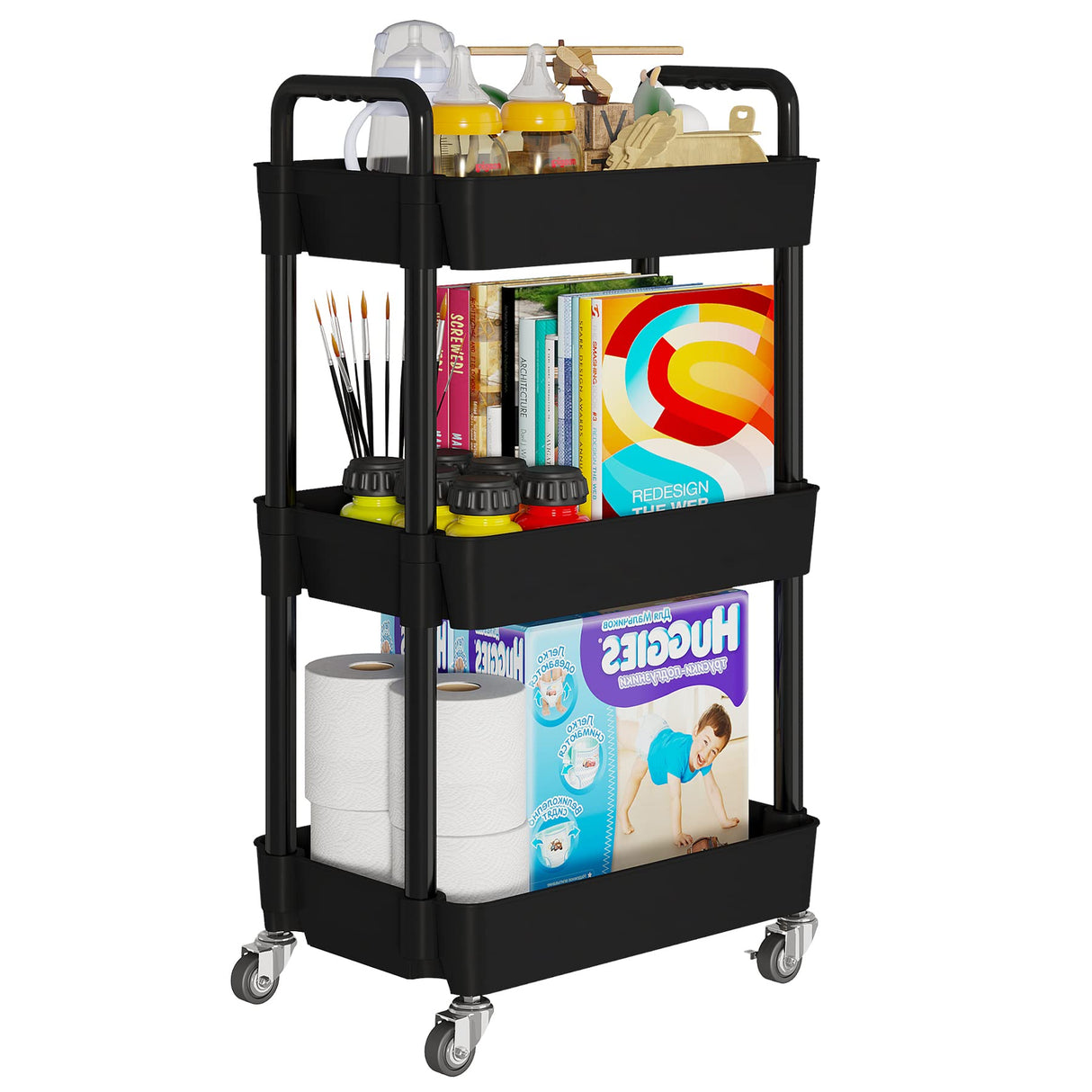 Laiensia 3-Tier Kitchen Storage Cart,Multifunction Utility Rolling Storage Organizer,Mobile Shelving Unit Cart with Lockable Wheels for Bathroom,Laundry,Living Room,With Classified Stickers,Black Laiensia